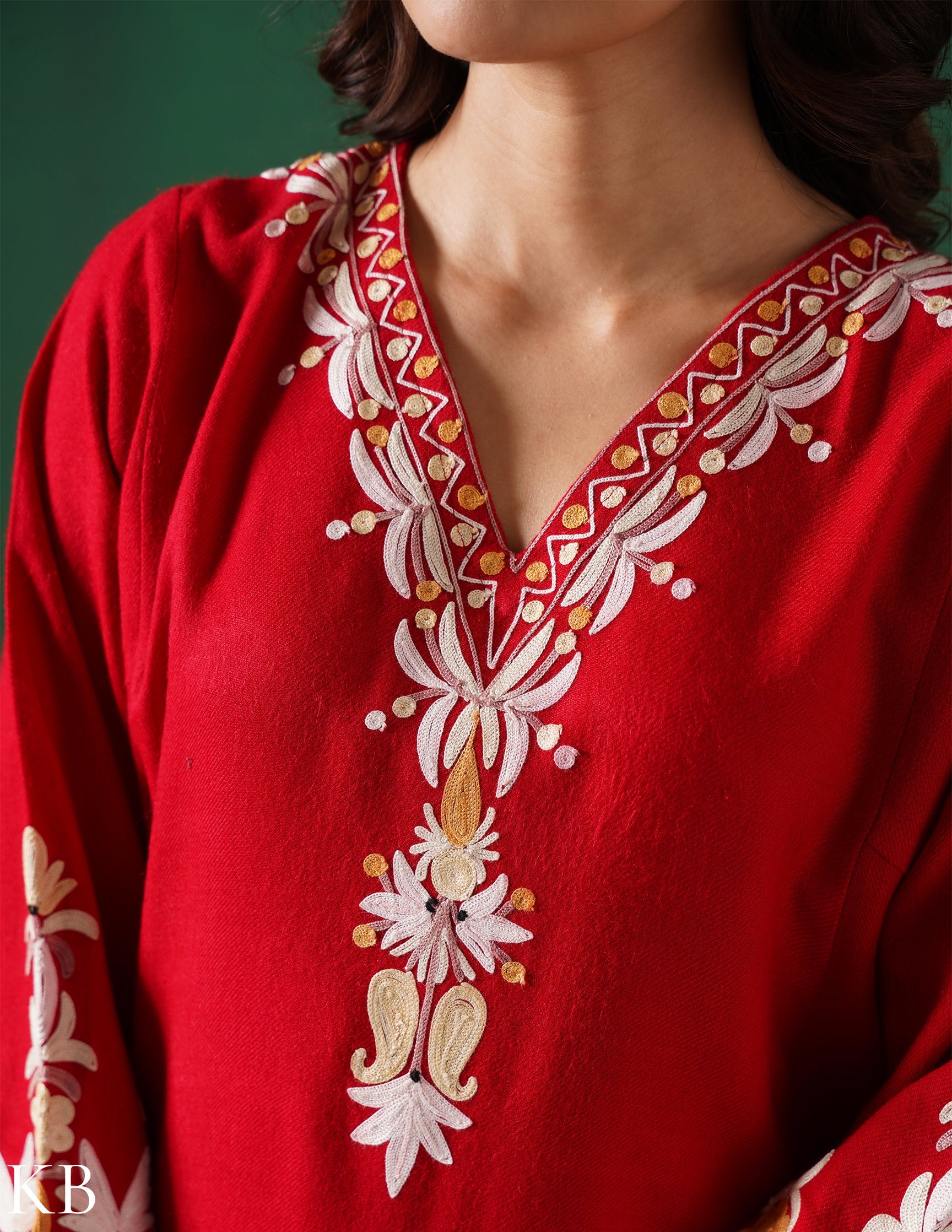 Kashmiri Light Yellow & White Aari Embroidered Woollen Phiran – Red | Timeless Winter Wear - Kashmir Box