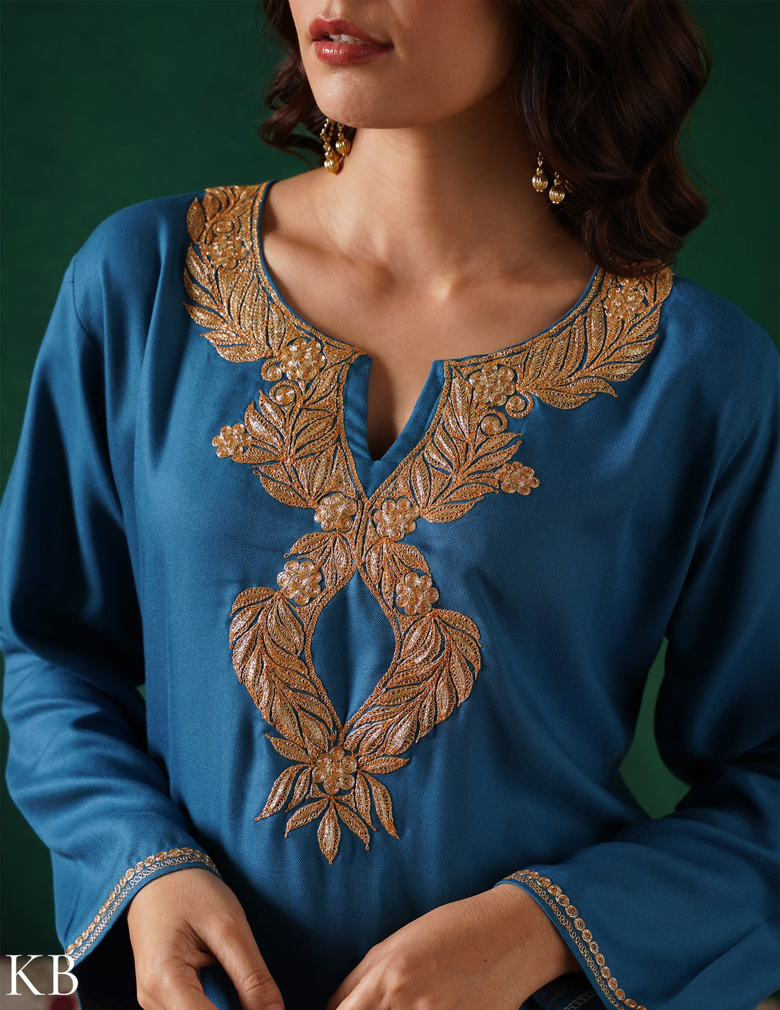 Kashmiri Golden Boti Tilla Embroidered Woollen Coordset – Teal Blue | Handcrafted Heritage - Kashmir Box