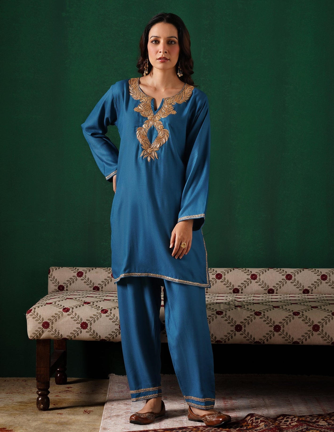 Kashmiri Golden Boti Tilla Embroidered Woollen Coordset – Teal Blue | Handcrafted Heritage - Kashmir Box