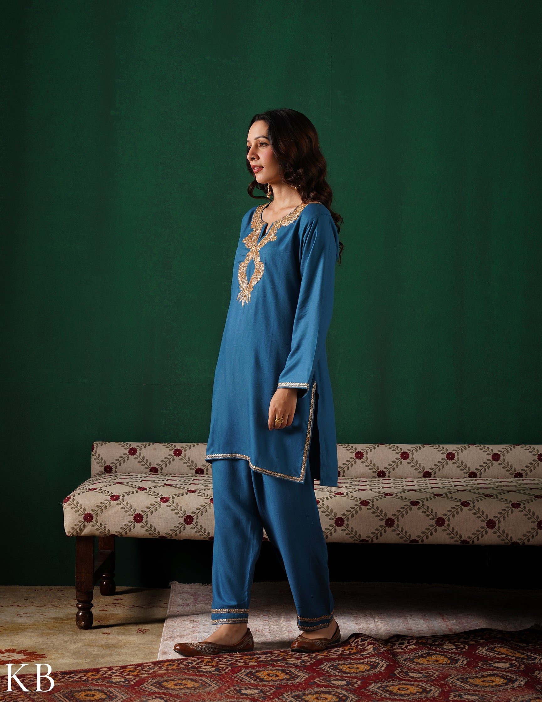 Kashmiri Golden Boti Tilla Embroidered Woollen Coordset – Teal Blue | Handcrafted Heritage - Kashmir Box