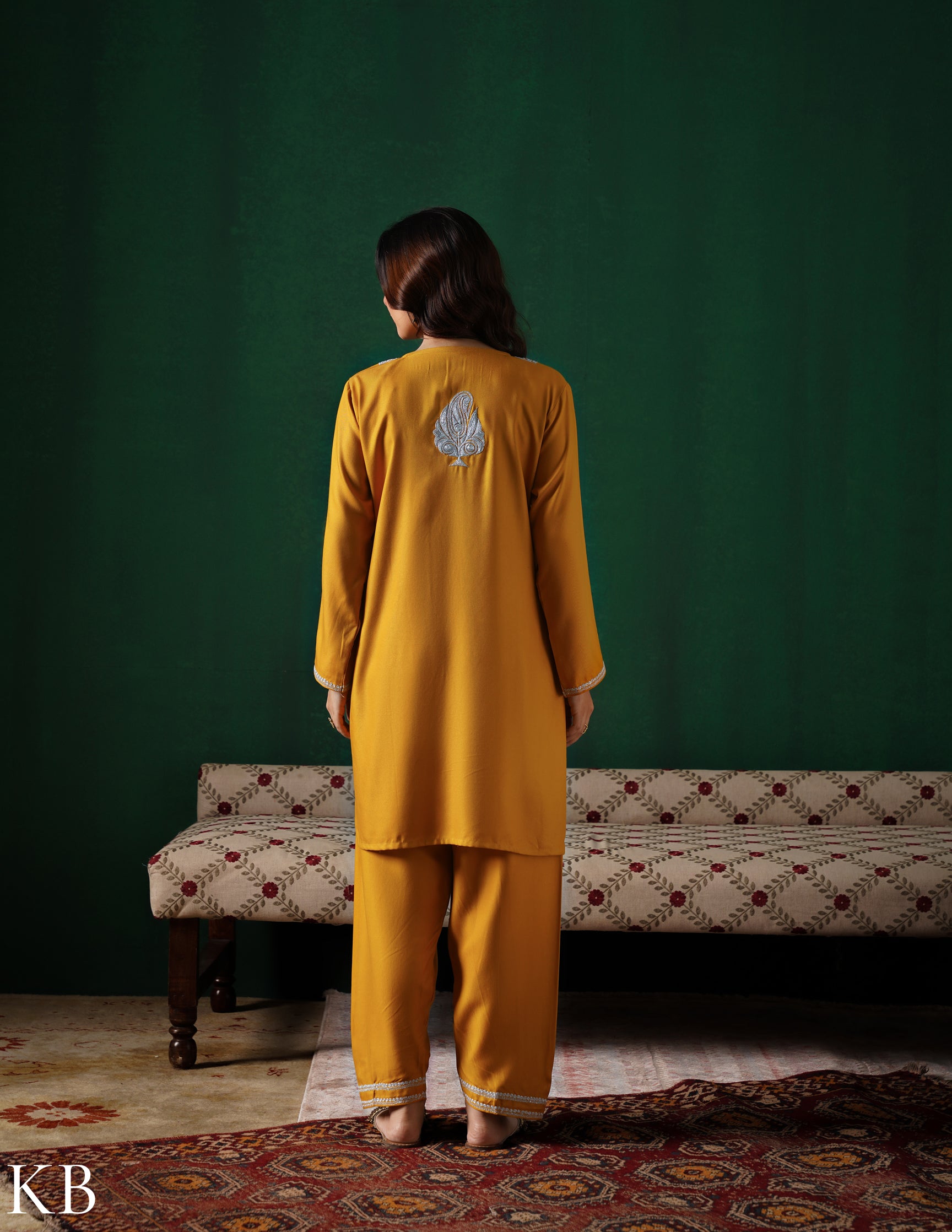 Kashmiri Silver Boti Tilla Embroidered Woollen Coordset – Mustard Yellow | Handcrafted Heritage