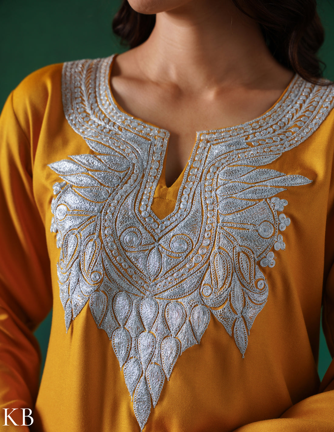 Kashmiri Silver Boti Tilla Embroidered Woollen Coordset – Mustard Yellow | Handcrafted Heritage