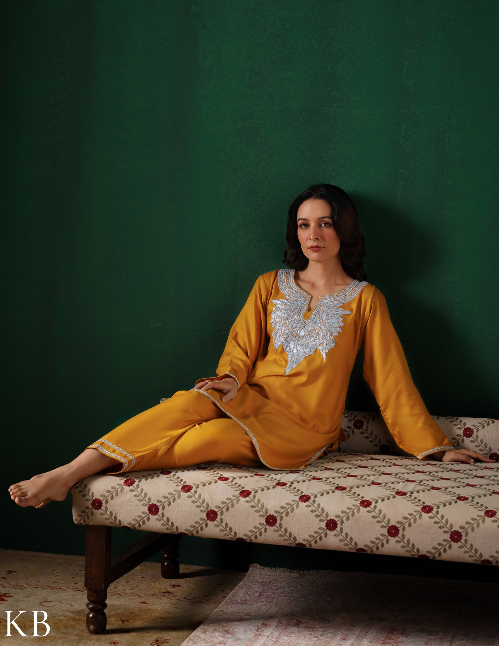 Kashmiri Silver Boti Tilla Embroidered Woollen Coordset – Mustard Yellow | Handcrafted Heritage