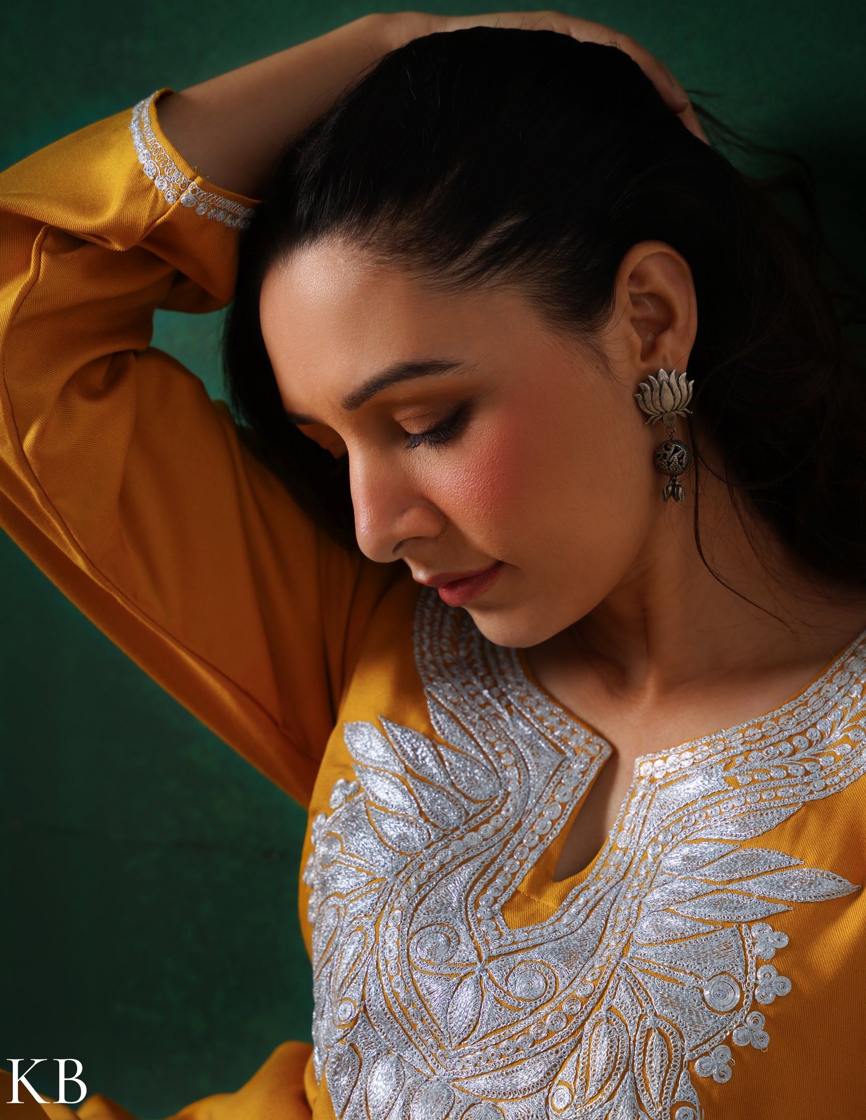 Kashmiri Silver Boti Tilla Embroidered Woollen Coordset – Mustard Yellow | Handcrafted Heritage