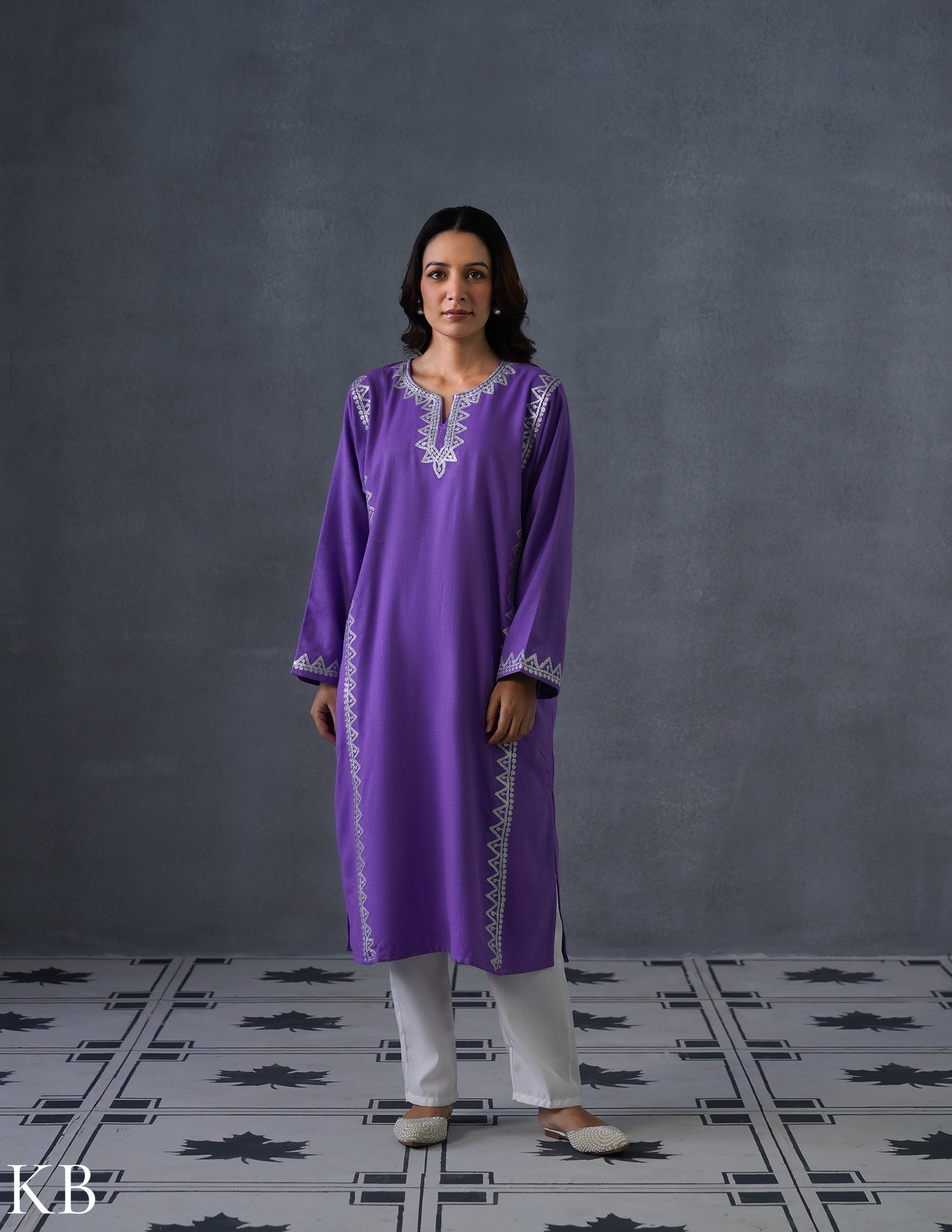 Kashmiri Silver Zari Embroidered Woollen Phiran – Purple | Timeless Winter Wear - Kashmir Box