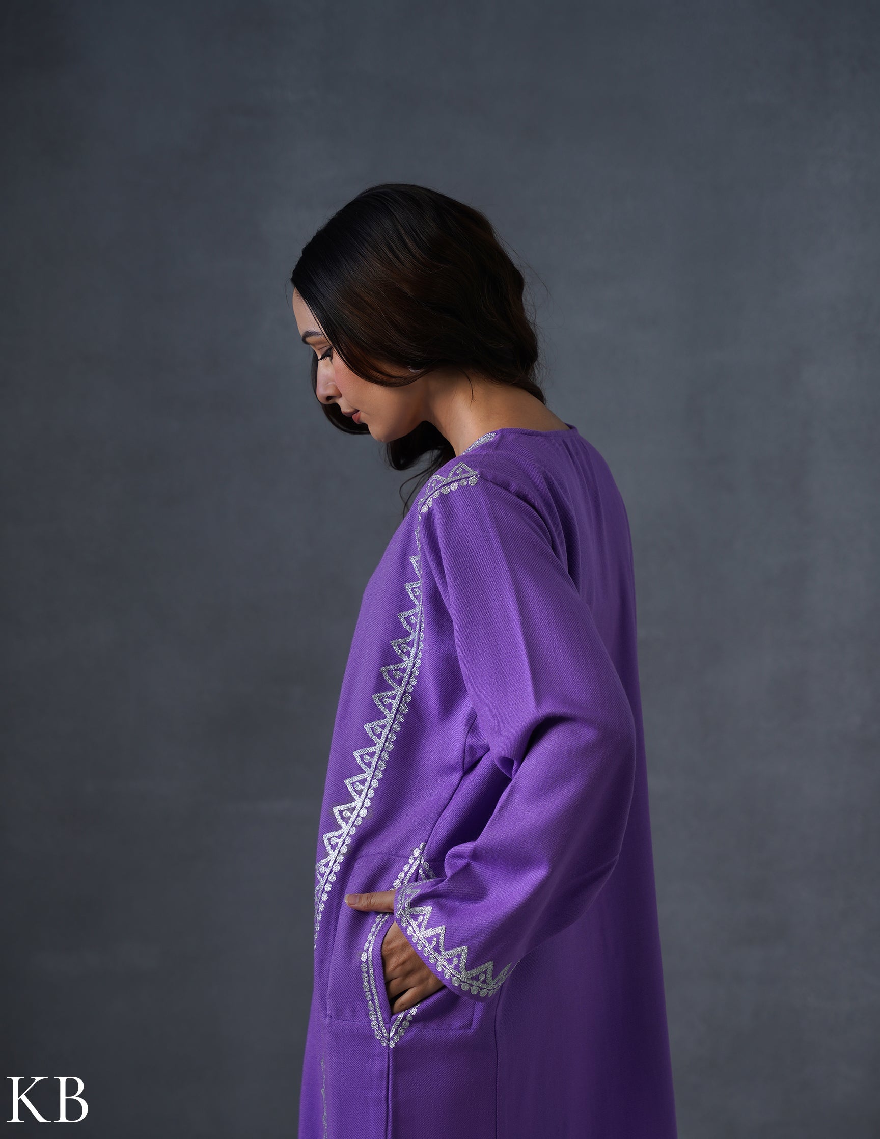 Kashmiri Silver Zari Embroidered Woollen Phiran – Purple | Timeless Winter Wear - Kashmir Box