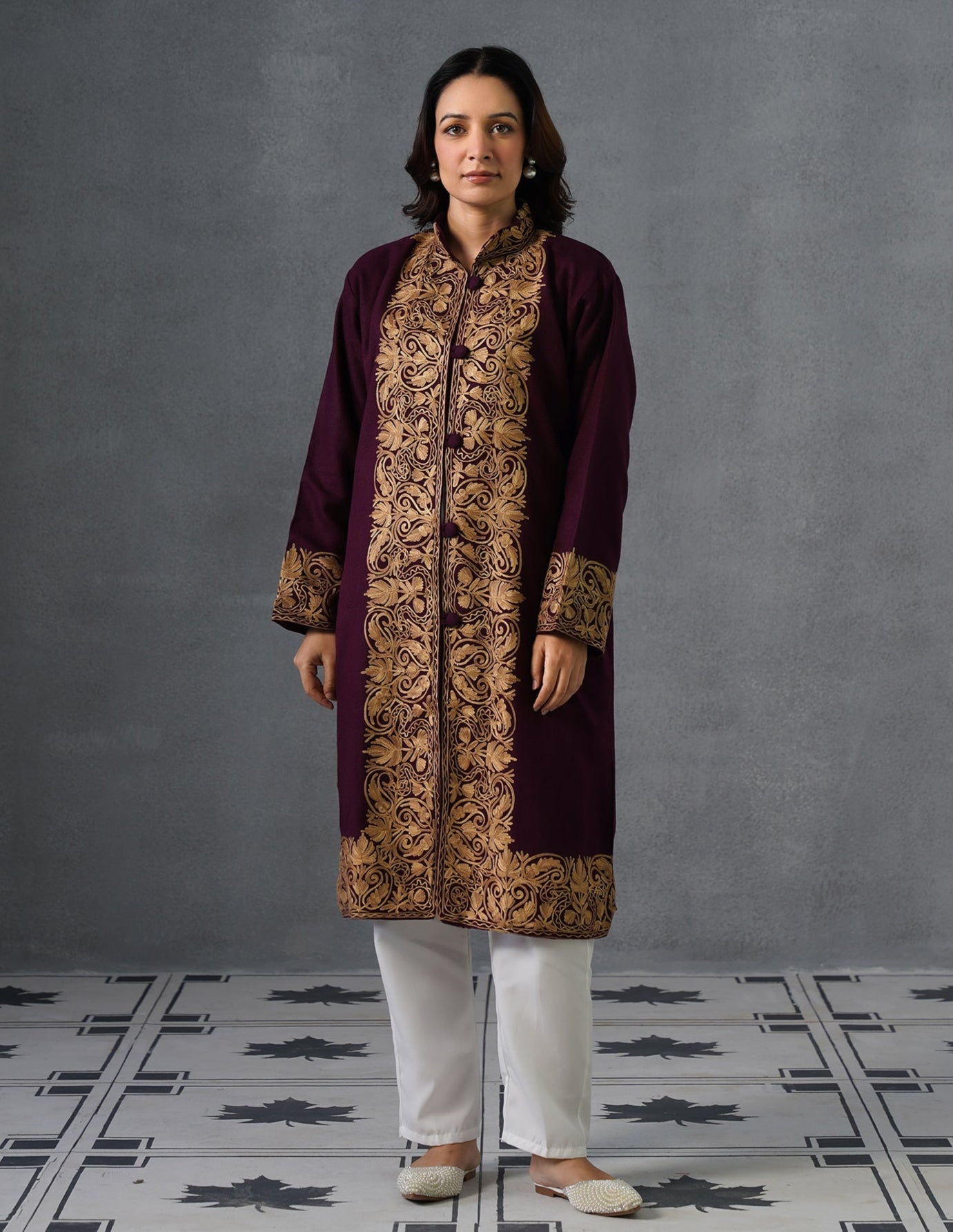 Nayaab Kashmiri Aari Embroidered Winter Jacket – Wine | Festive Wear - Kashmir Box