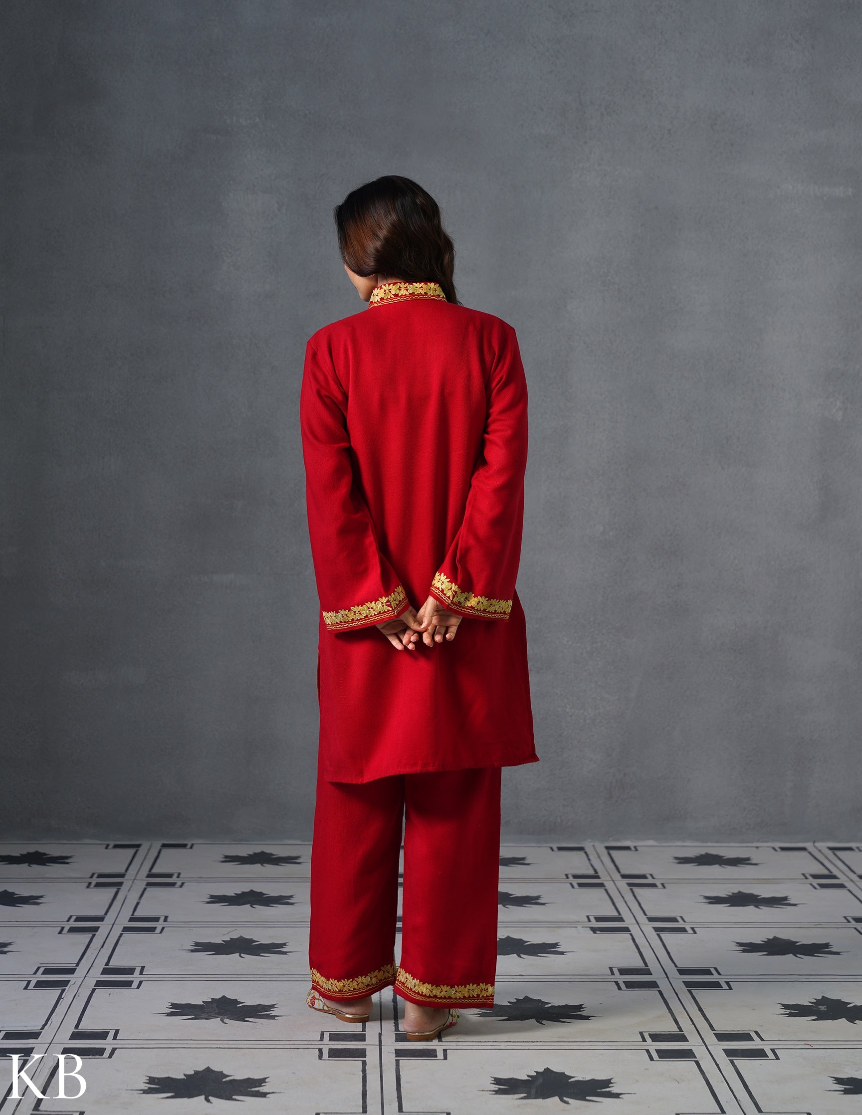 Kashmiri Golden Brown Aari Embroidered Woollen Coordset – Red | Festive Winter Wear - Kashmir Box