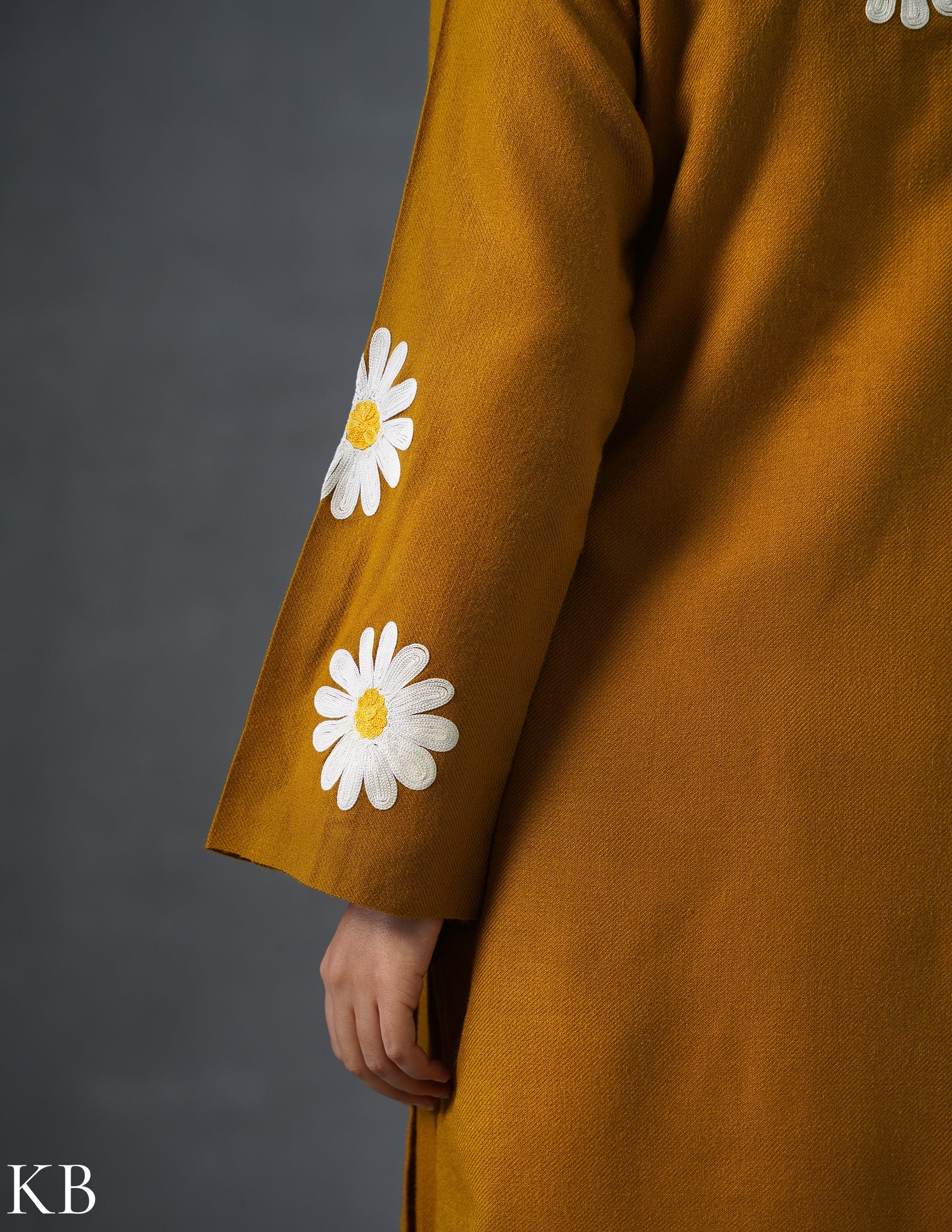Kashmiri White, Grey & Yellow Aari Embroidered Woollen Coordset – Mustard | Everyday Winter Wear - Kashmir Box