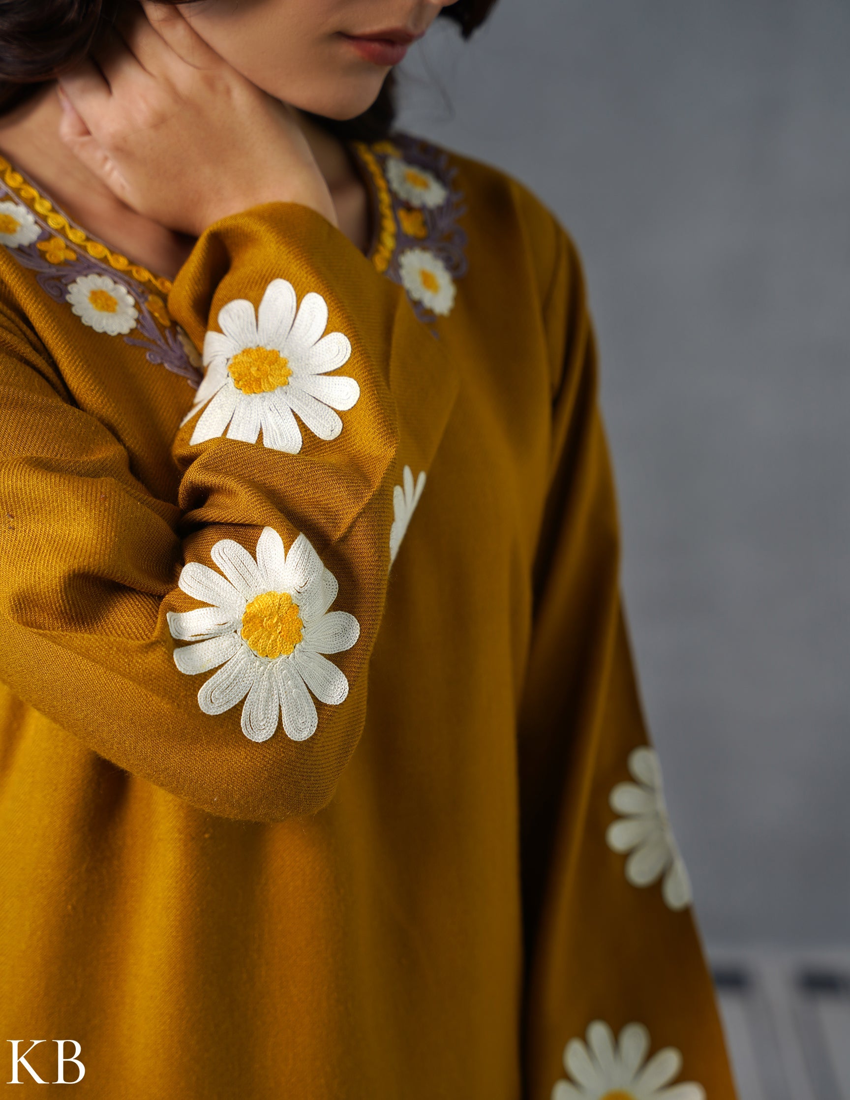 Kashmiri White, Grey & Yellow Aari Embroidered Woollen Coordset – Mustard | Everyday Winter Wear - Kashmir Box