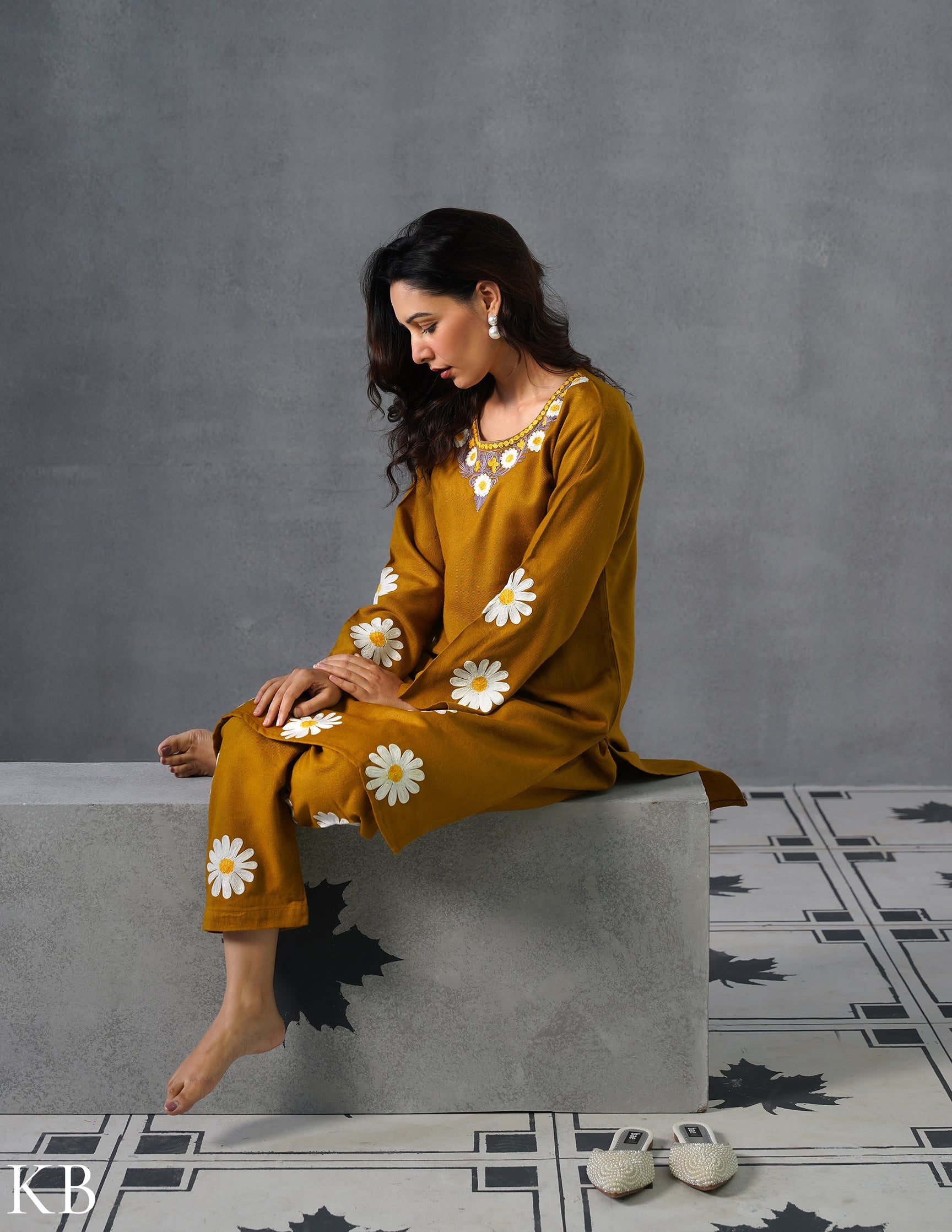 Kashmiri White, Grey & Yellow Aari Embroidered Woollen Coordset – Mustard | Everyday Winter Wear - Kashmir Box