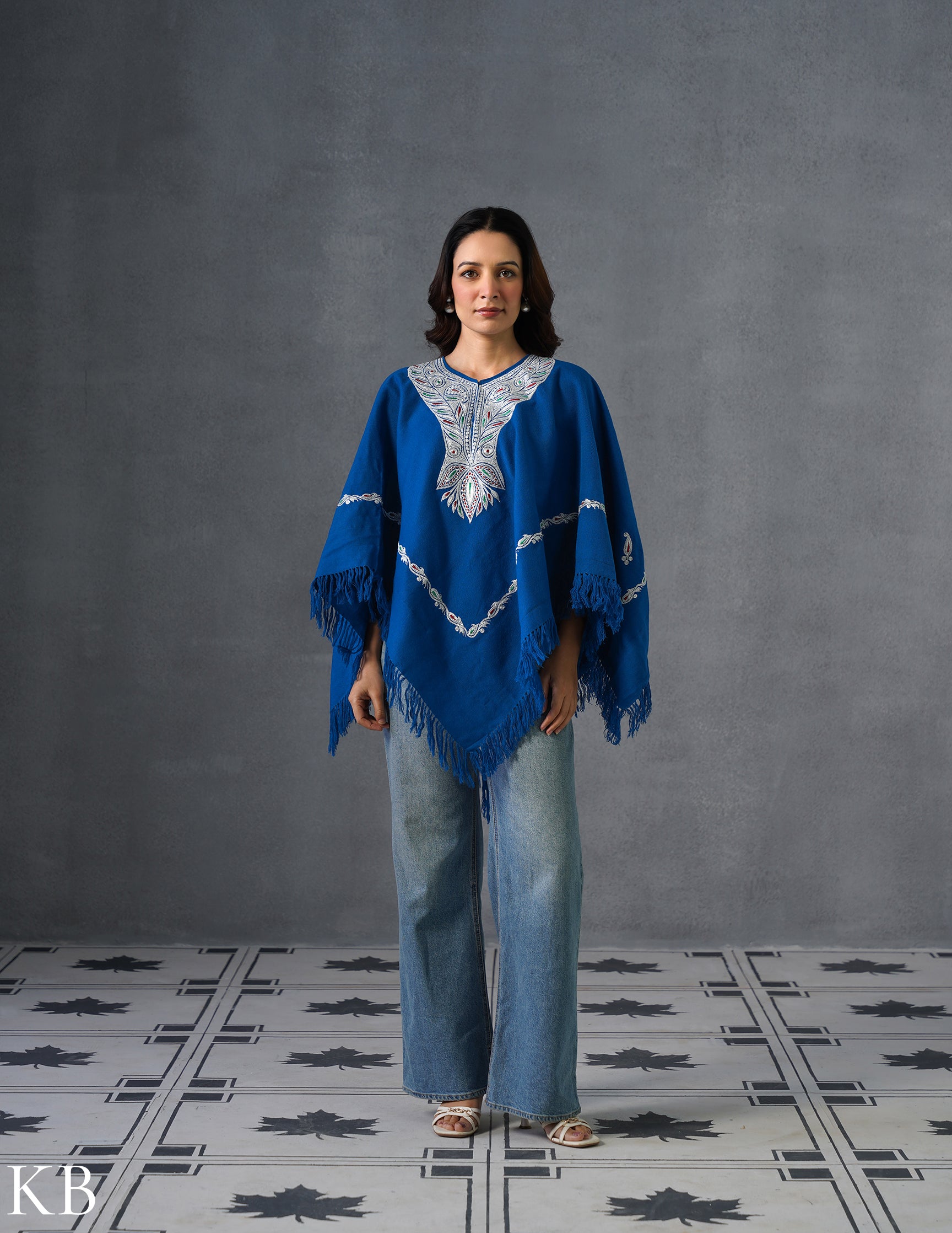 Kashmiri Silver Boti Tilla Embroidered Woollen Poncho – Blue | Handcrafted Heritage