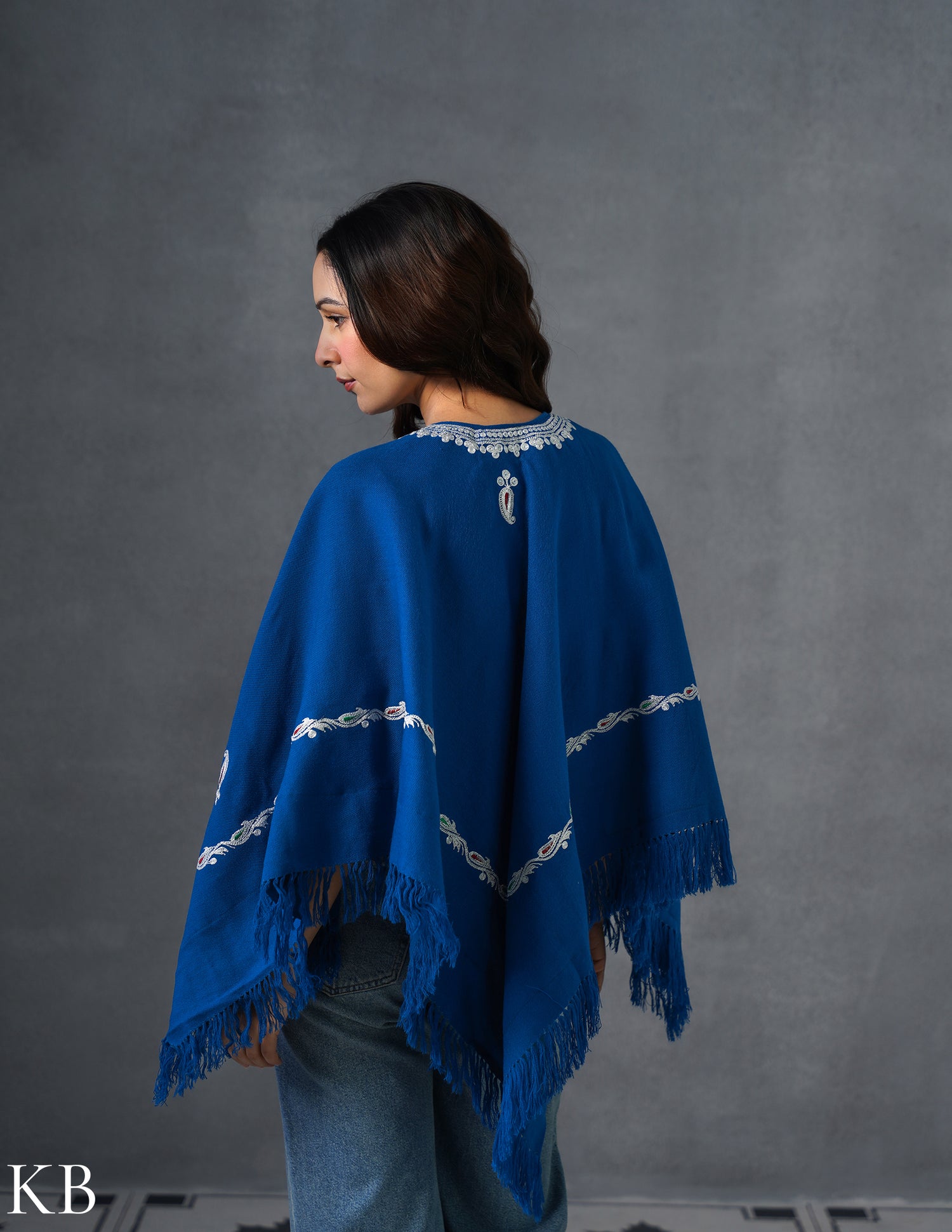 Kashmiri Silver Boti Tilla Embroidered Woollen Poncho – Blue | Handcrafted Heritage
