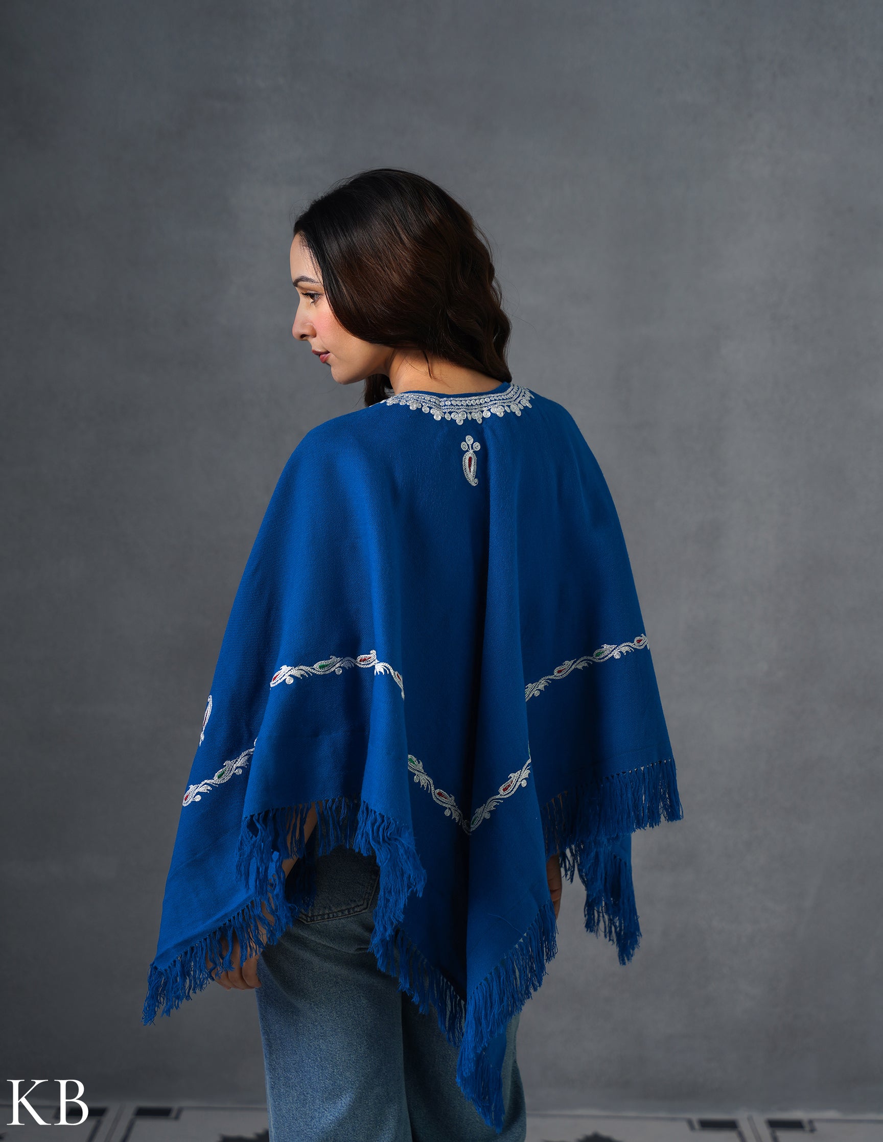 Kashmiri Silver Boti Tilla Embroidered Woollen Poncho – Blue | Handcrafted Heritage