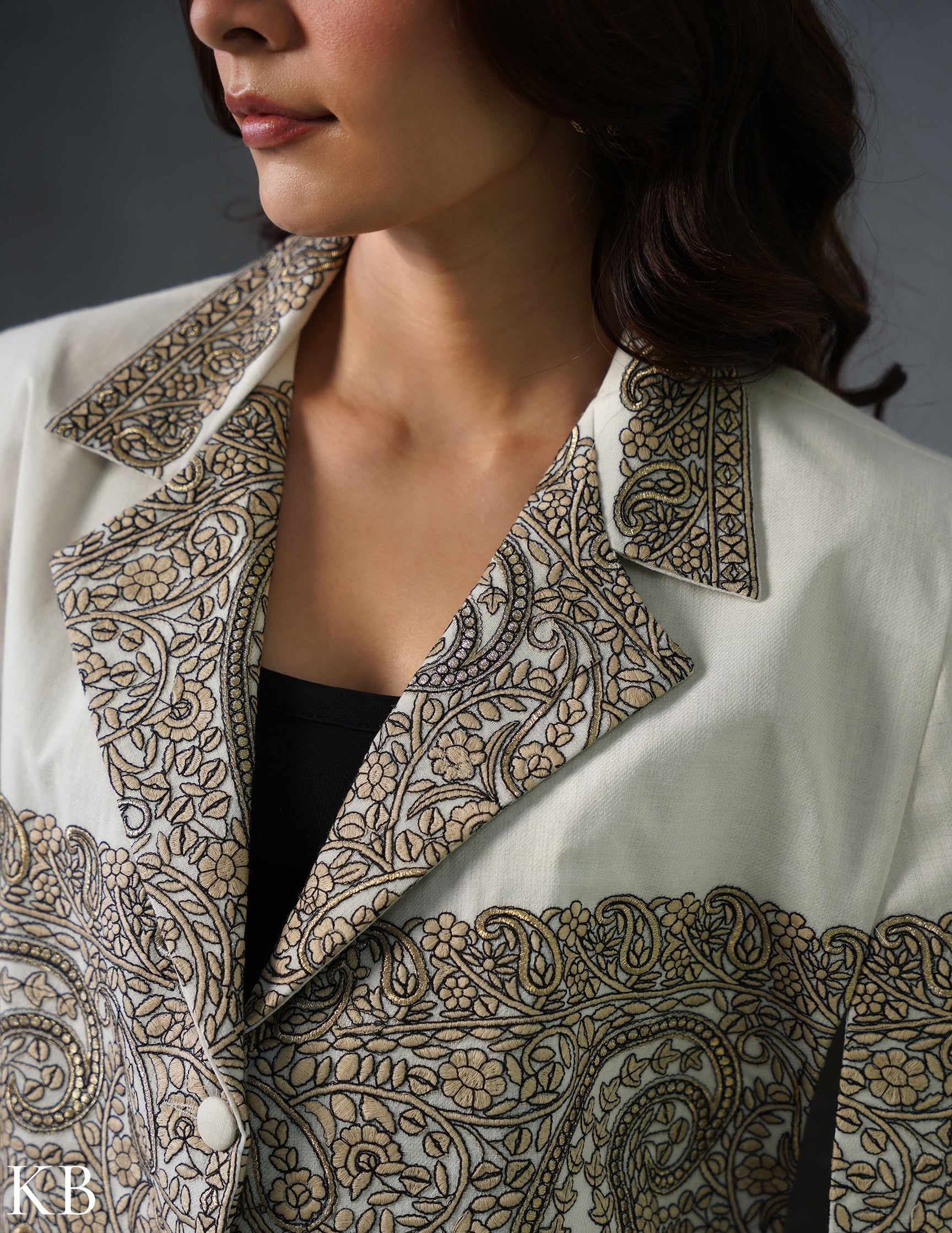 Nayaab Kashmiri Sozni Embroidered Woollen Jacket – White - Kashmir Box