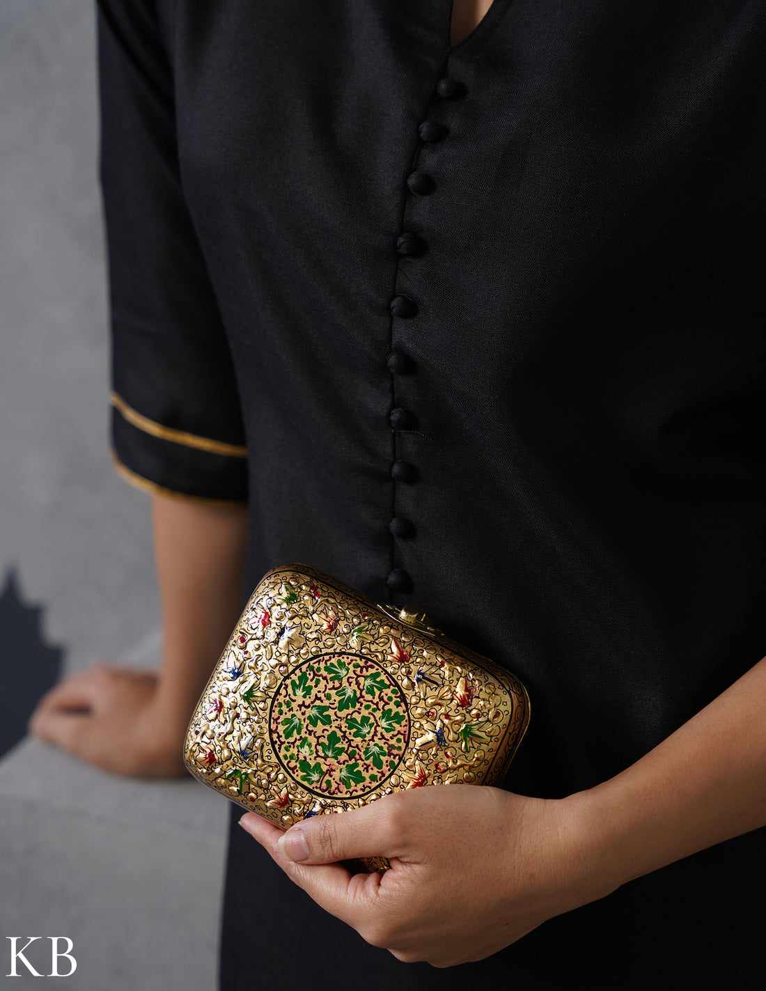 Kashmiri Papier Mâché Clutch – Small Golden Hand-Painted | Artisan-Made | Handcrafted Heritage