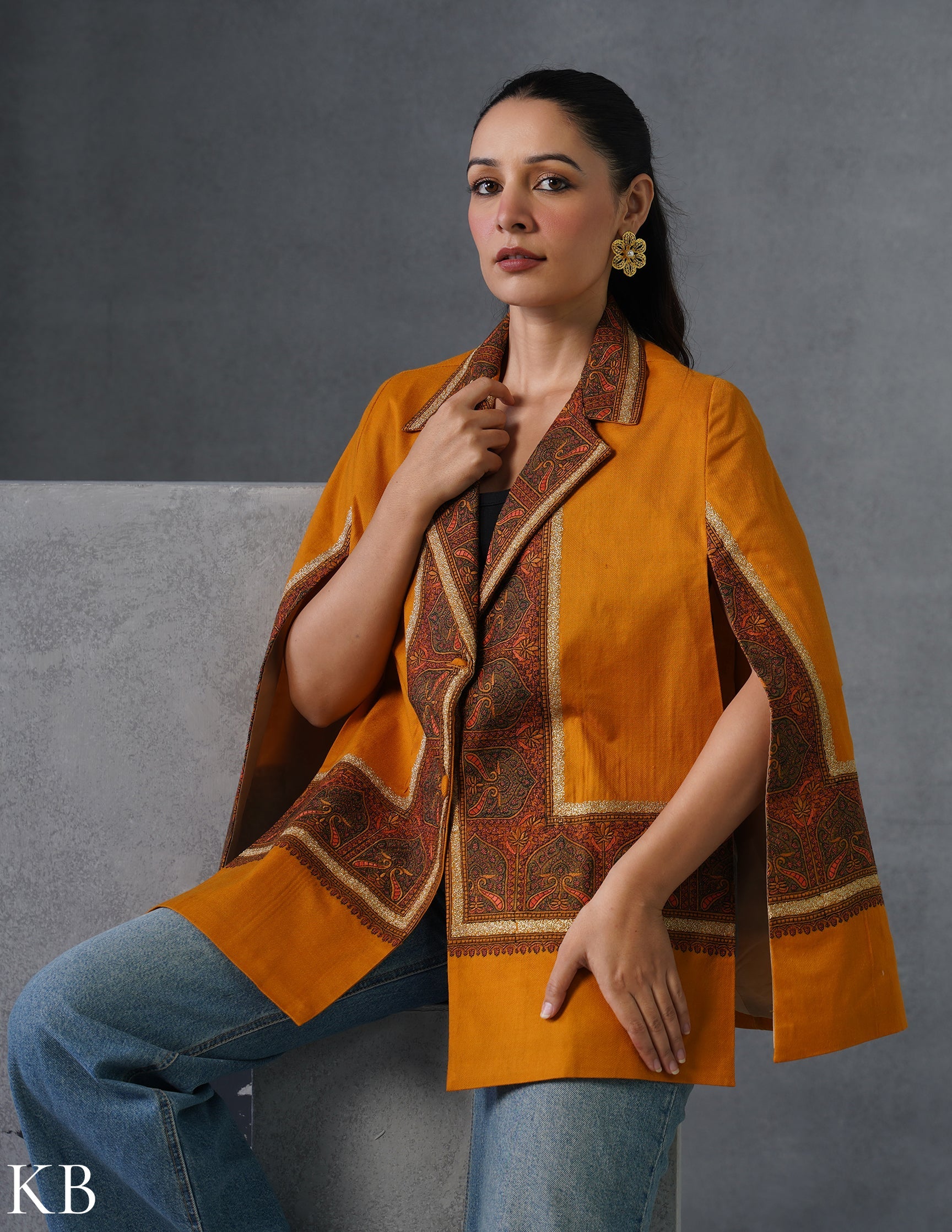 Nayaab Kashmiri Sozni Embroidered Woollen Jacket – Mustard - Kashmir Box