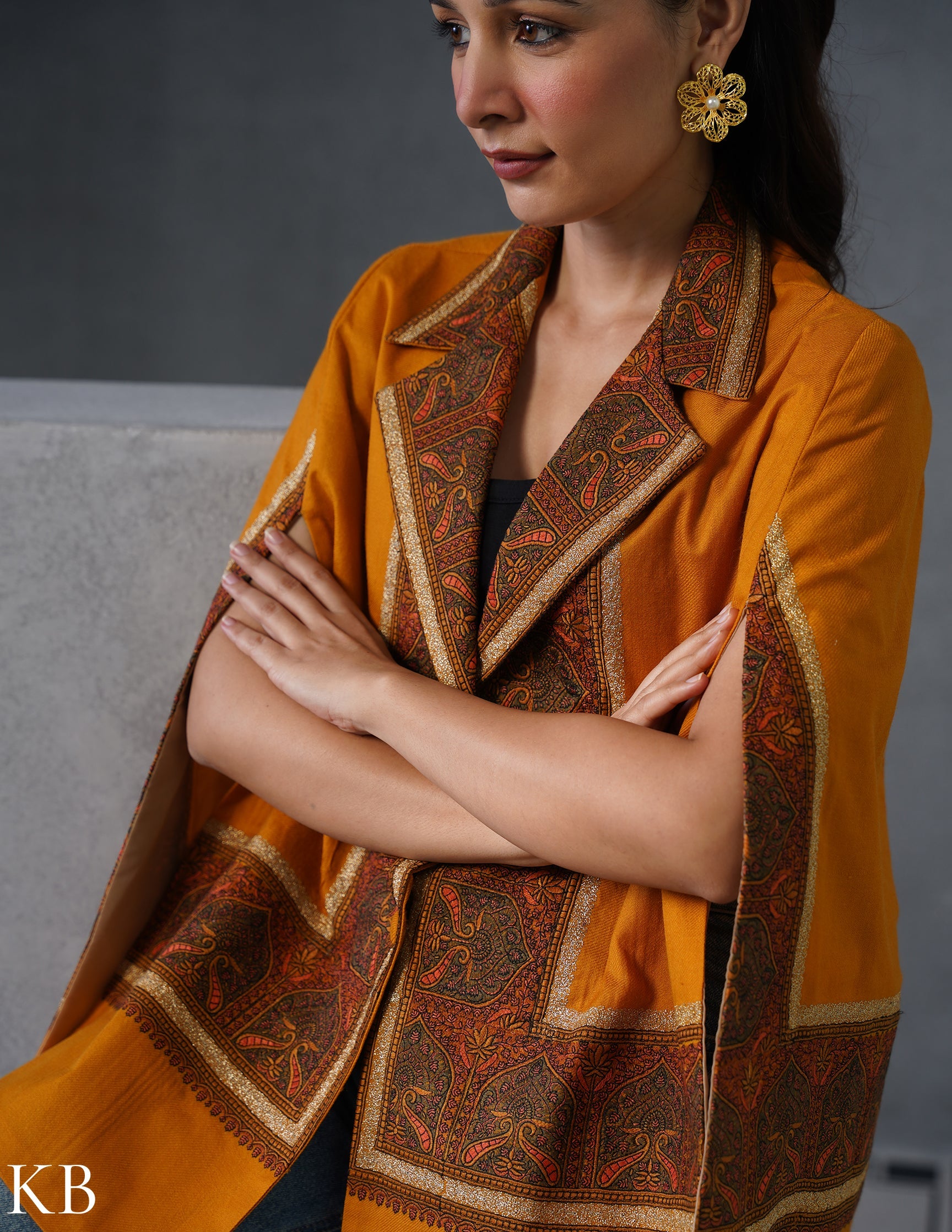 Nayaab Kashmiri Sozni Embroidered Woollen Jacket – Mustard - Kashmir Box