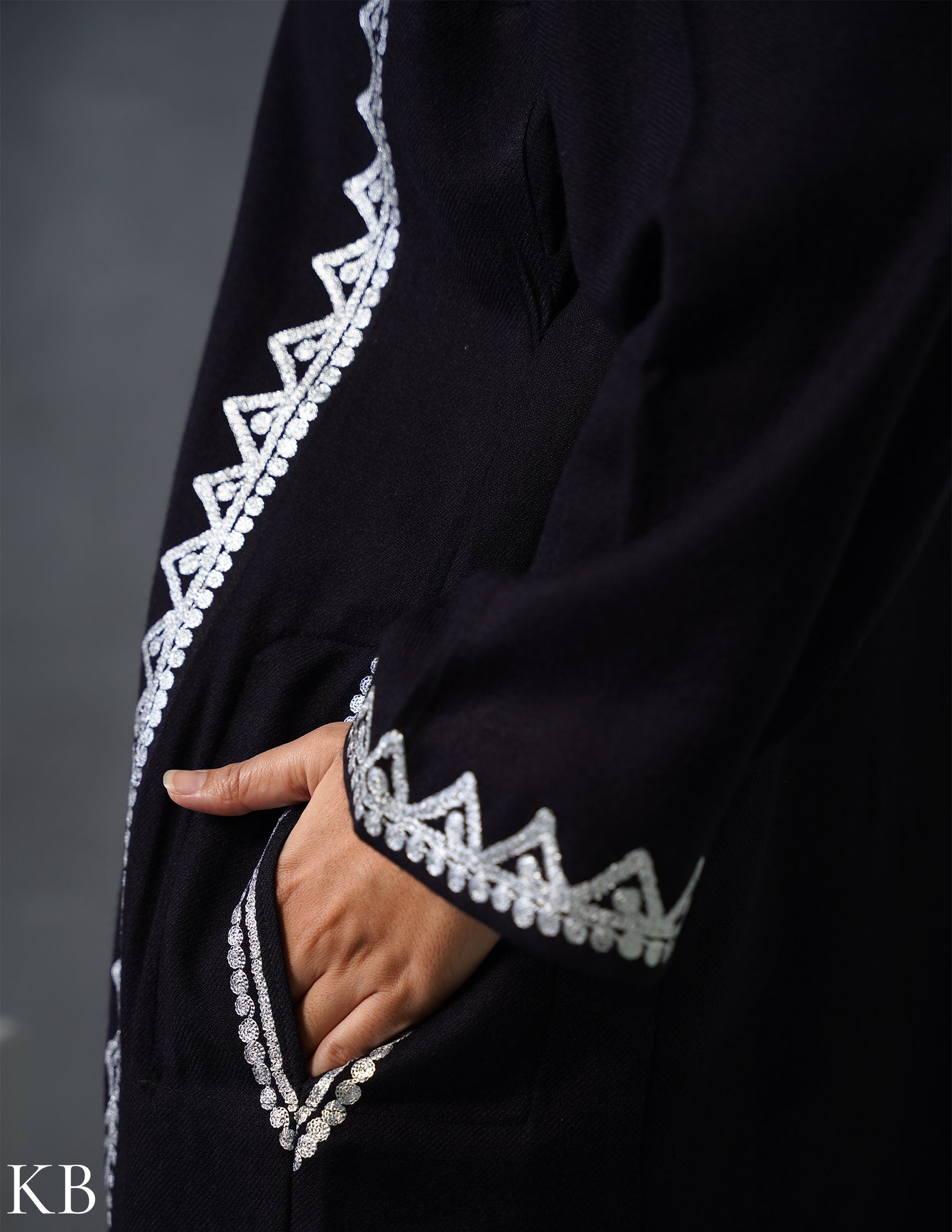 Kashmiri Silver Zari Embroidered Woollen Phiran – Black | Timeless Winter Wear - Kashmir Box