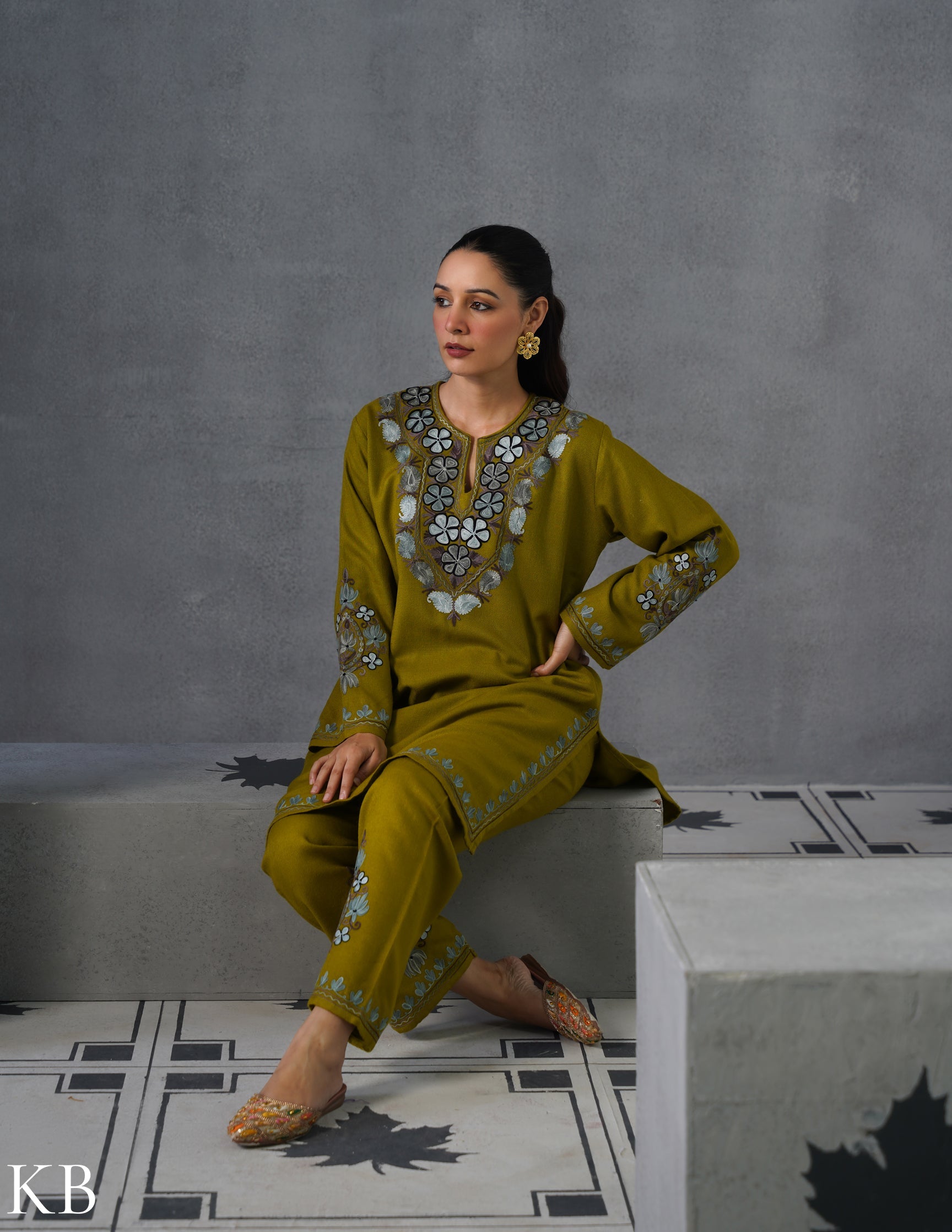 Kashmiri Grey & Brown Aari Embroidered Woollen Coordset – Moong Green | Timeless Style - Kashmir Box