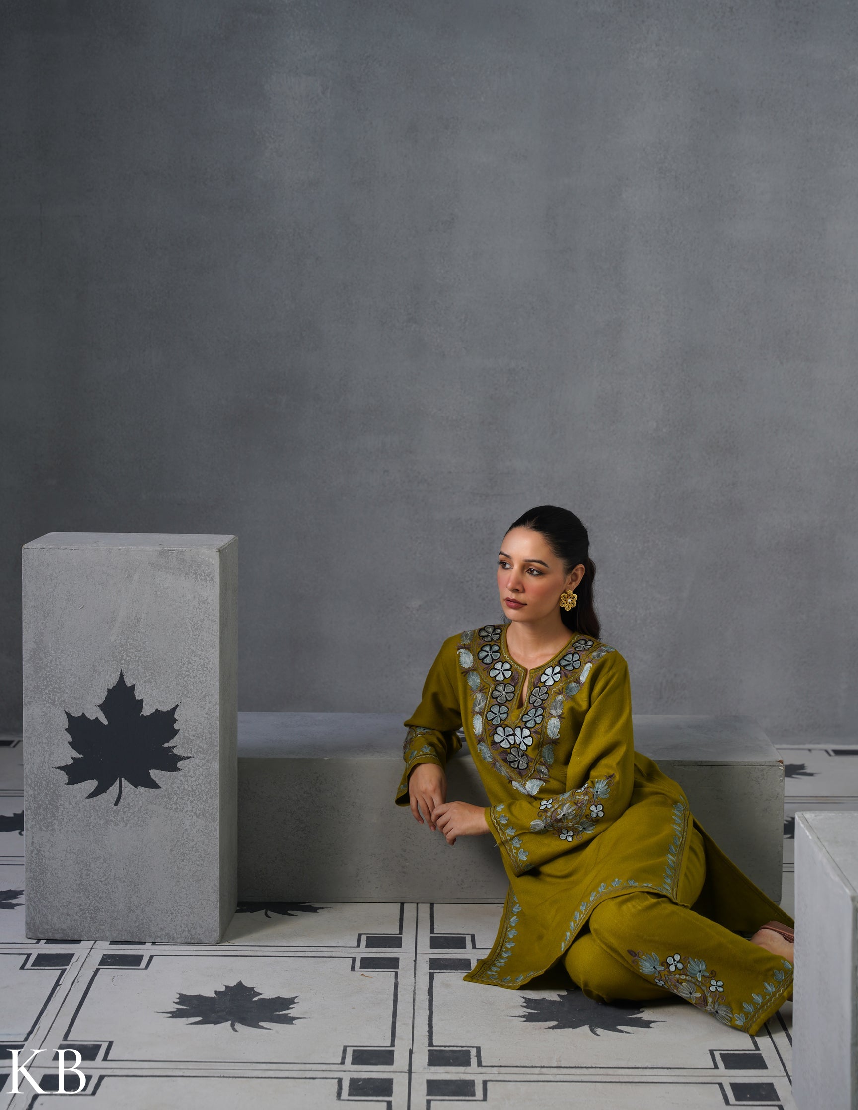 Kashmiri Grey & Brown Aari Embroidered Woollen Coordset – Moong Green | Timeless Style - Kashmir Box