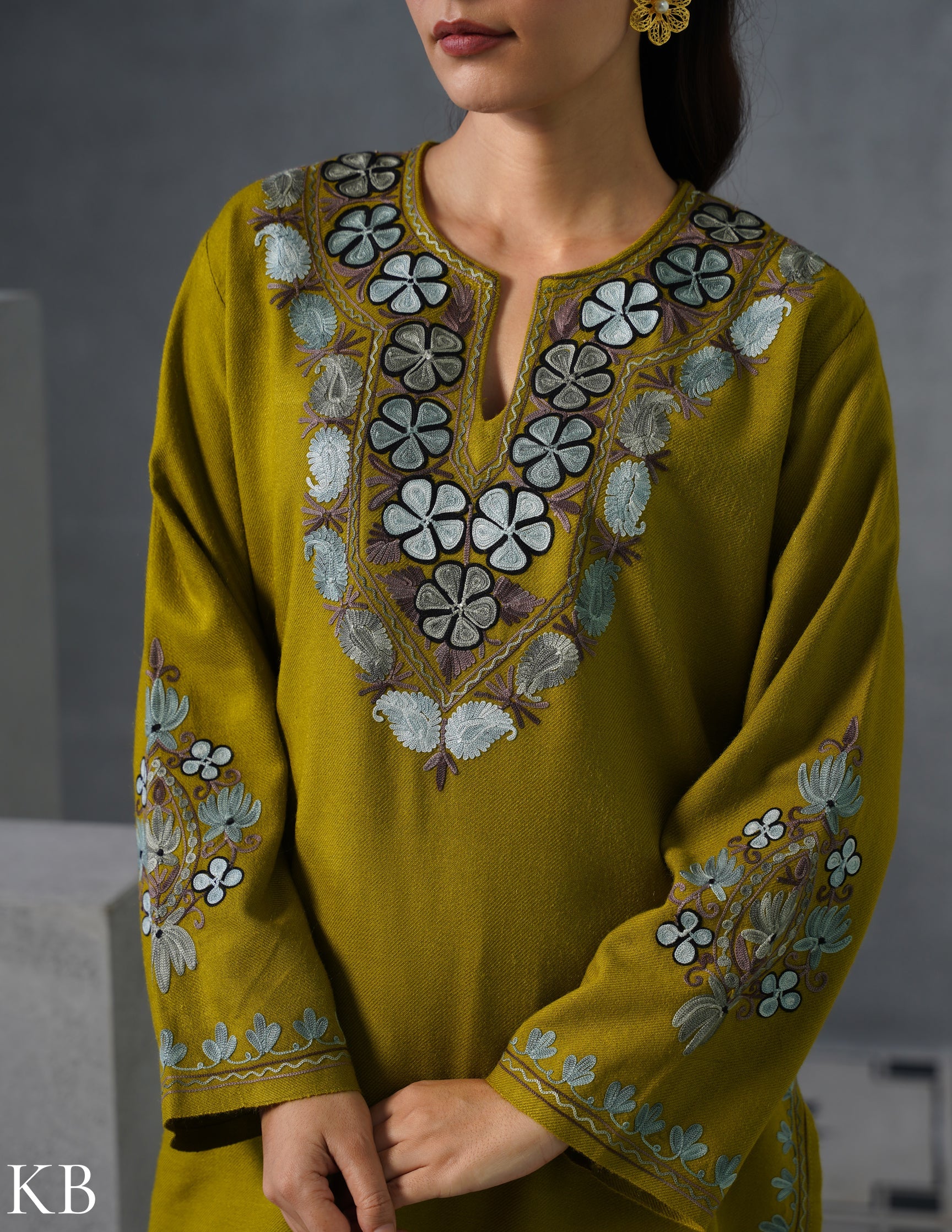 Kashmiri Grey & Brown Aari Embroidered Woollen Coordset – Moong Green | Timeless Style - Kashmir Box