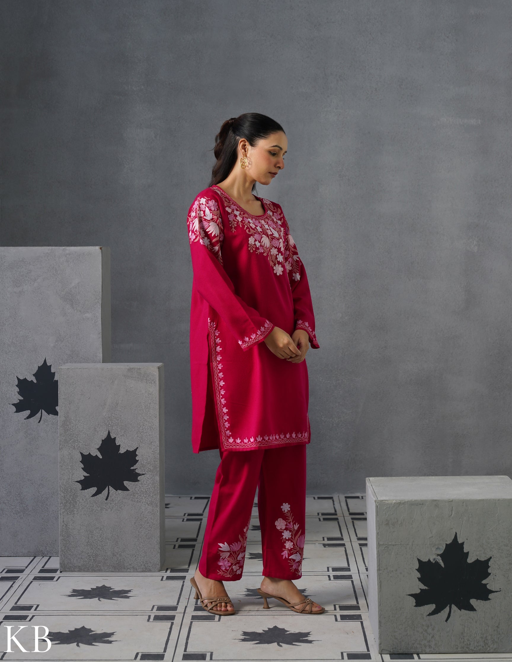 Kashmiri Baby Pink Aari Embroidered Woollen Coordset – Pink | Elegant Winter Wear - Kashmir Box