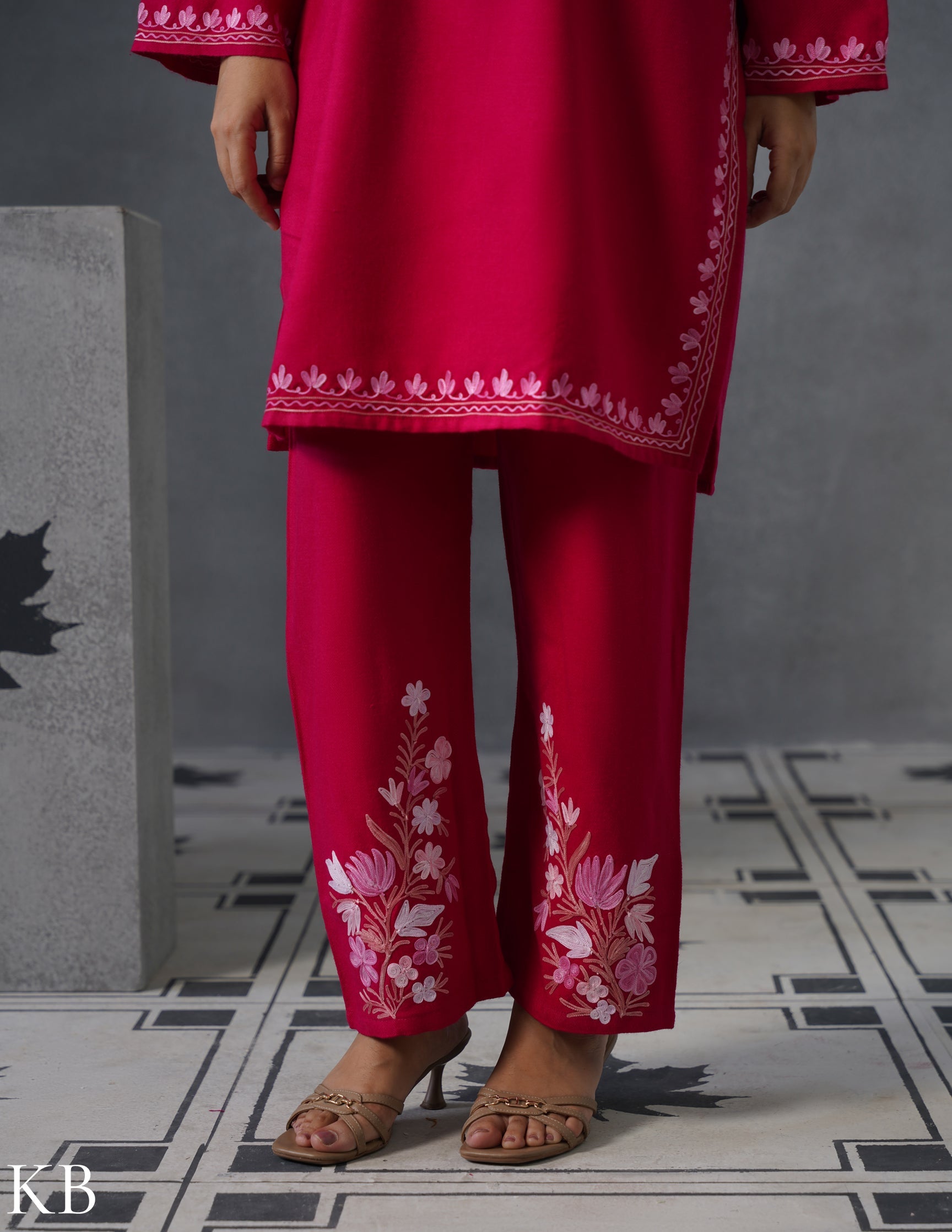 Kashmiri Baby Pink Aari Embroidered Woollen Coordset – Pink | Elegant Winter Wear - Kashmir Box