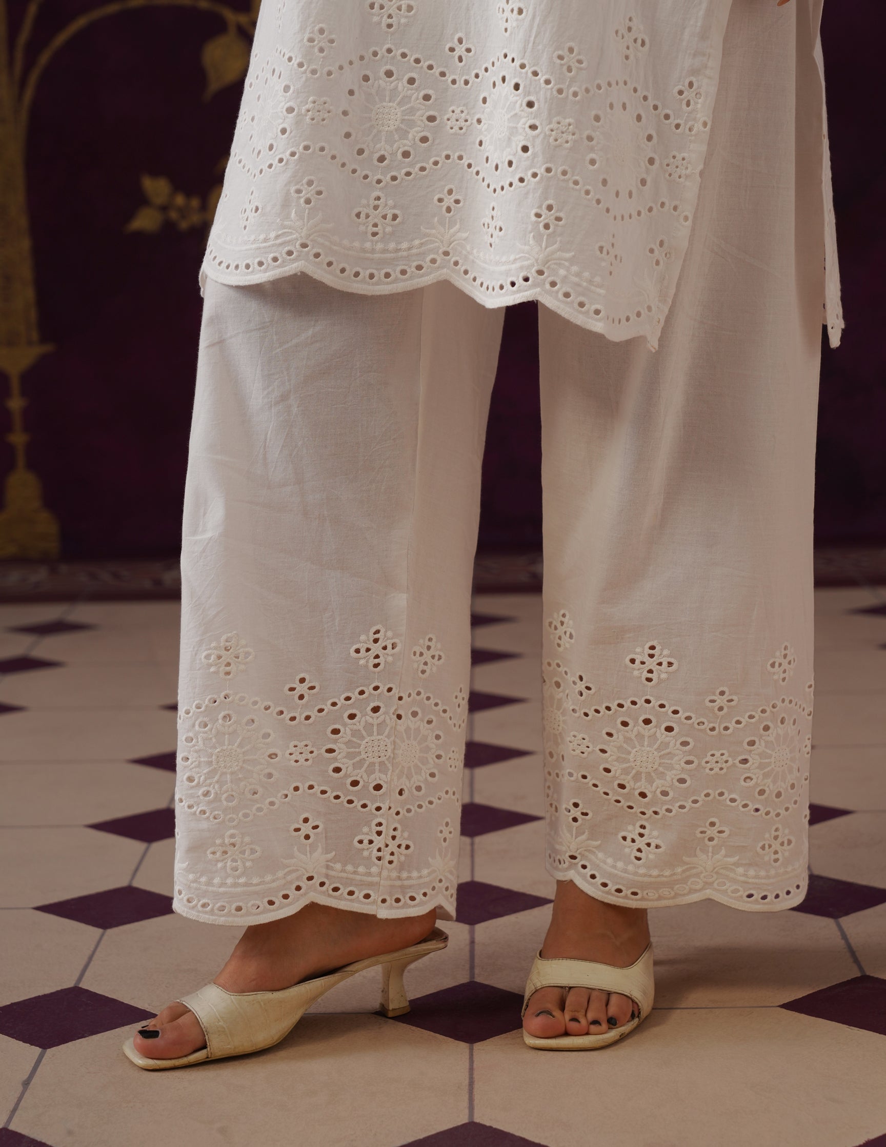 Off-White Schiffli & Aari Embroidered Cambric Cotton Co-ord Set