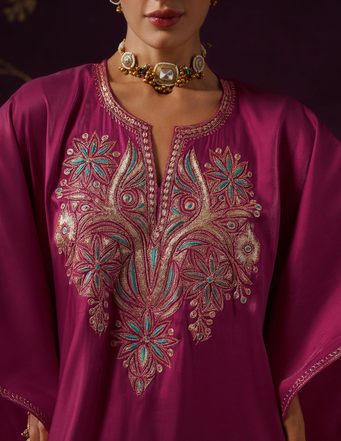 Kashmiri Tilla & Thread Embroidered Silk Kaftan Set – Magenta Pink