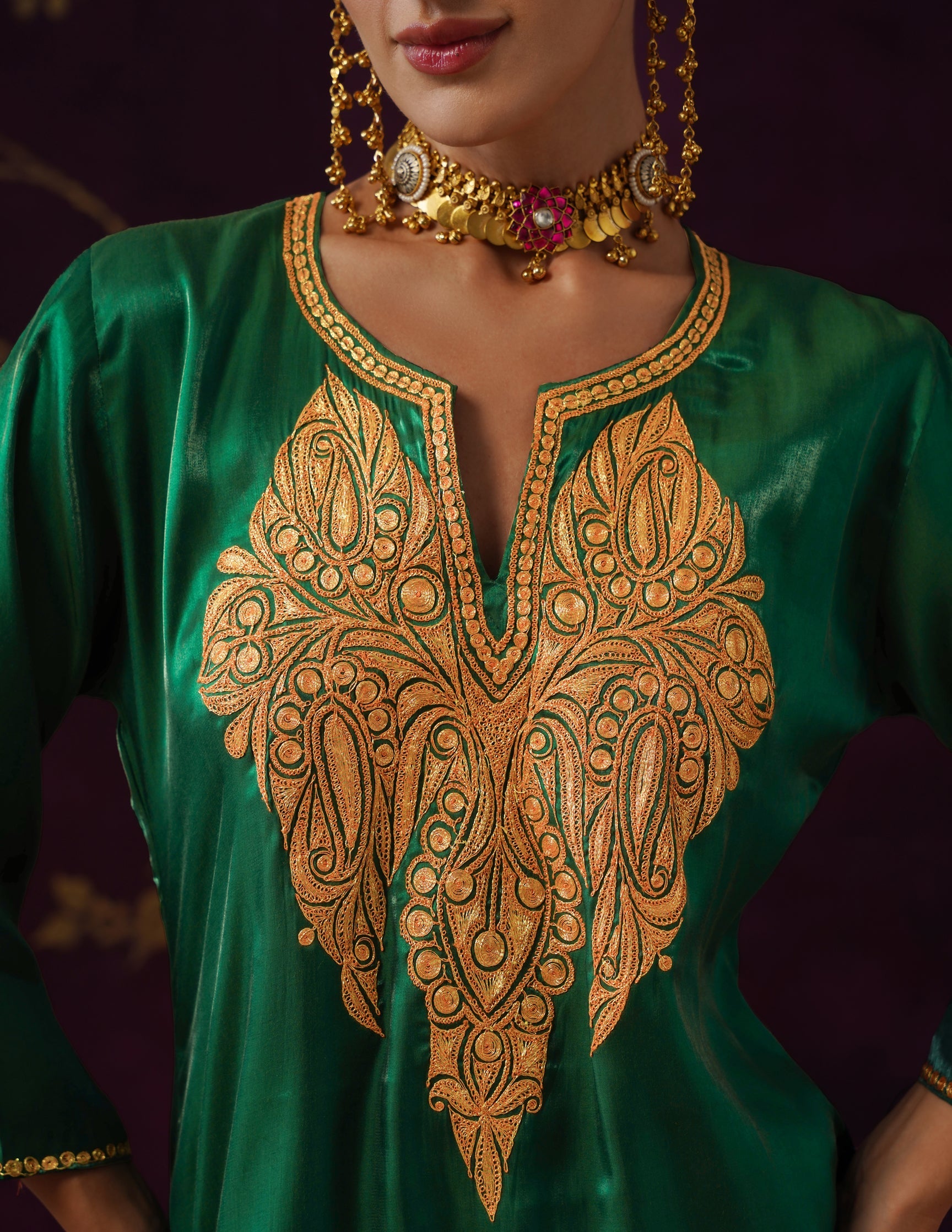 Kashmiri Tilla Embroidered Silk Co-ord Set – Bottle Green