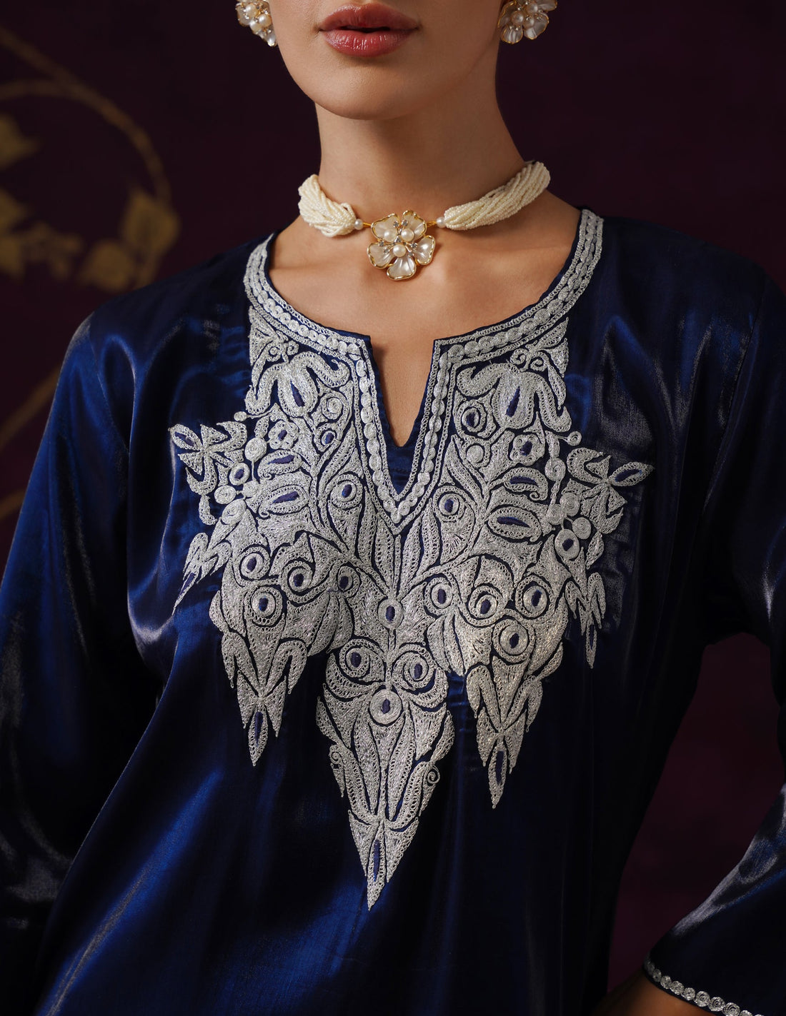 Kashmiri Tilla & Thread Embroidered Silk Co-ord Set – Midnight Blue