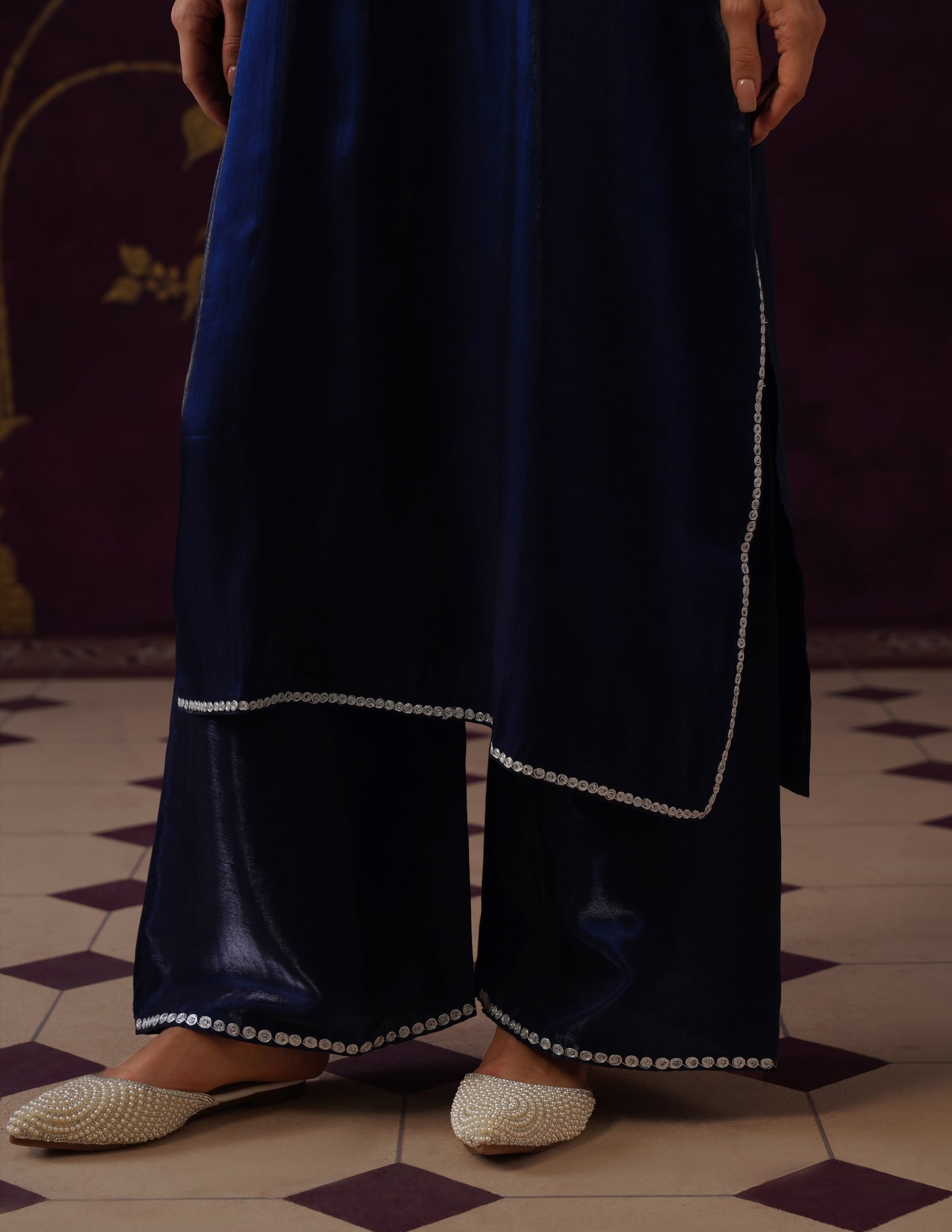 Kashmiri Tilla & Thread Embroidered Silk Co-ord Set – Midnight Blue