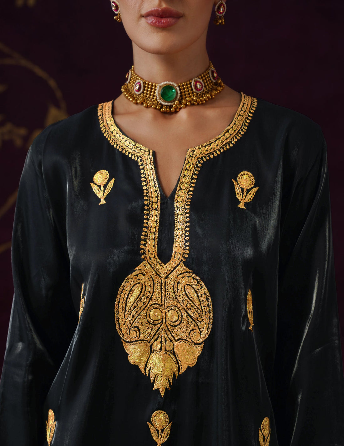 Kashmiri Tilla Embroidered Silk Co-ord Set – Black