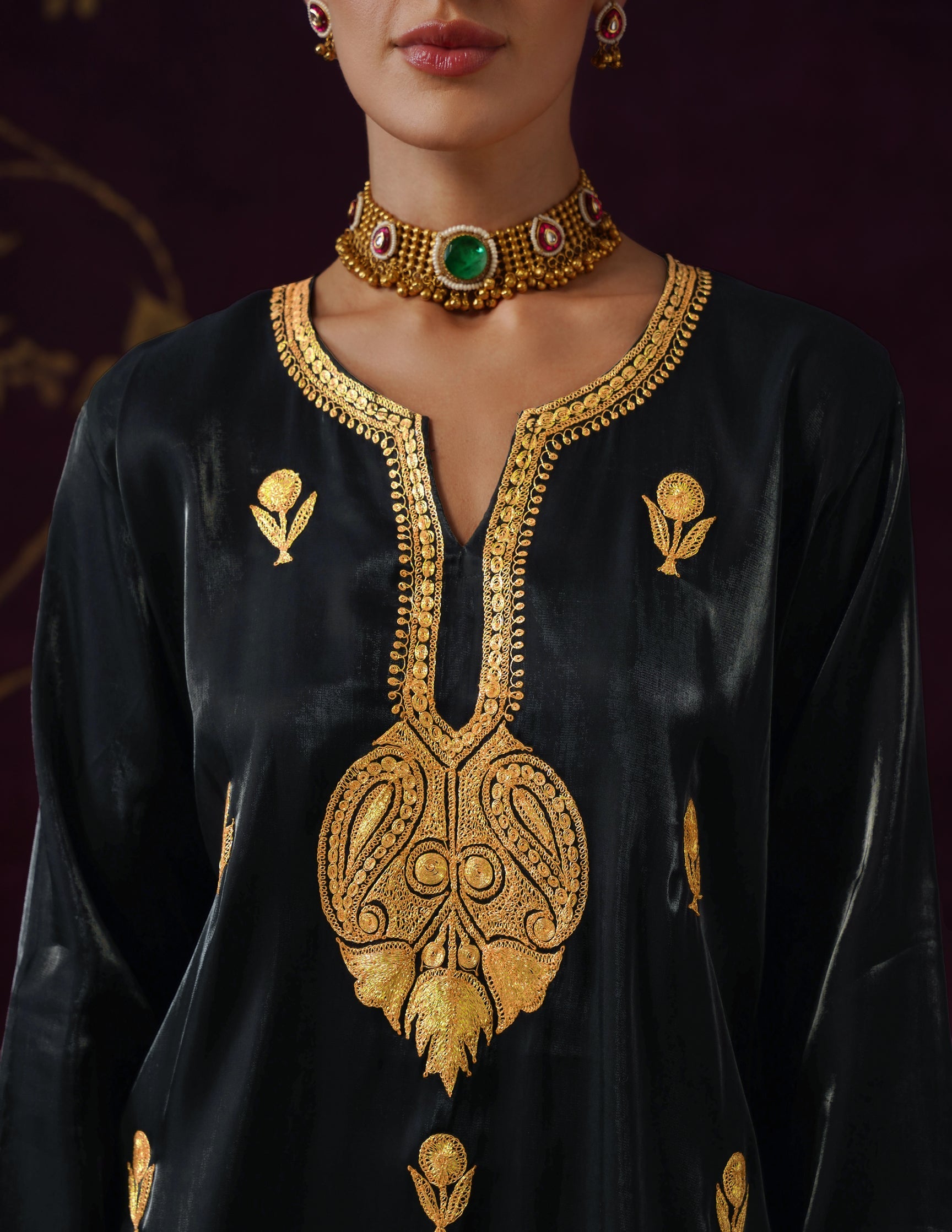 Kashmiri Tilla Embroidered Silk Co-ord Set – Black