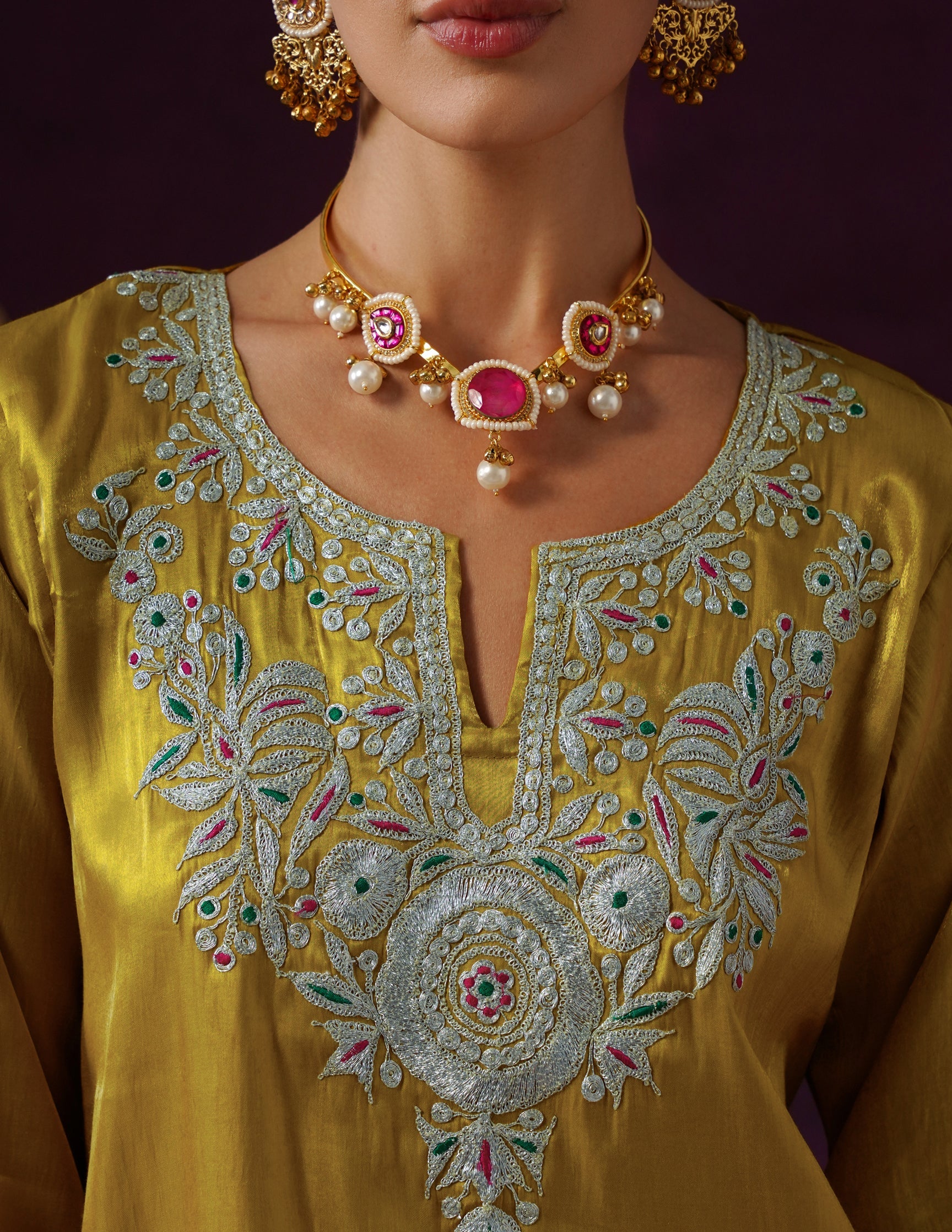 Kashmiri Tilla & Thread Embroidered Silk Co-ord Set – Mustard Yellow