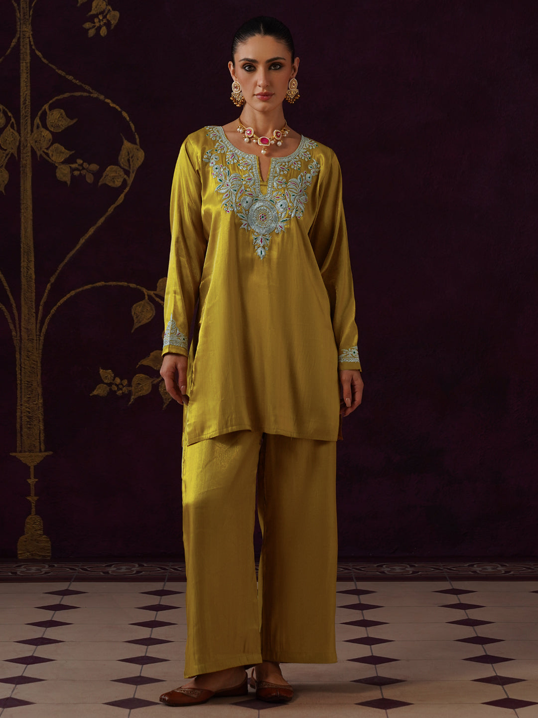 Kashmiri Tilla & Thread Embroidered Silk Co-ord Set – Mustard Yellow
