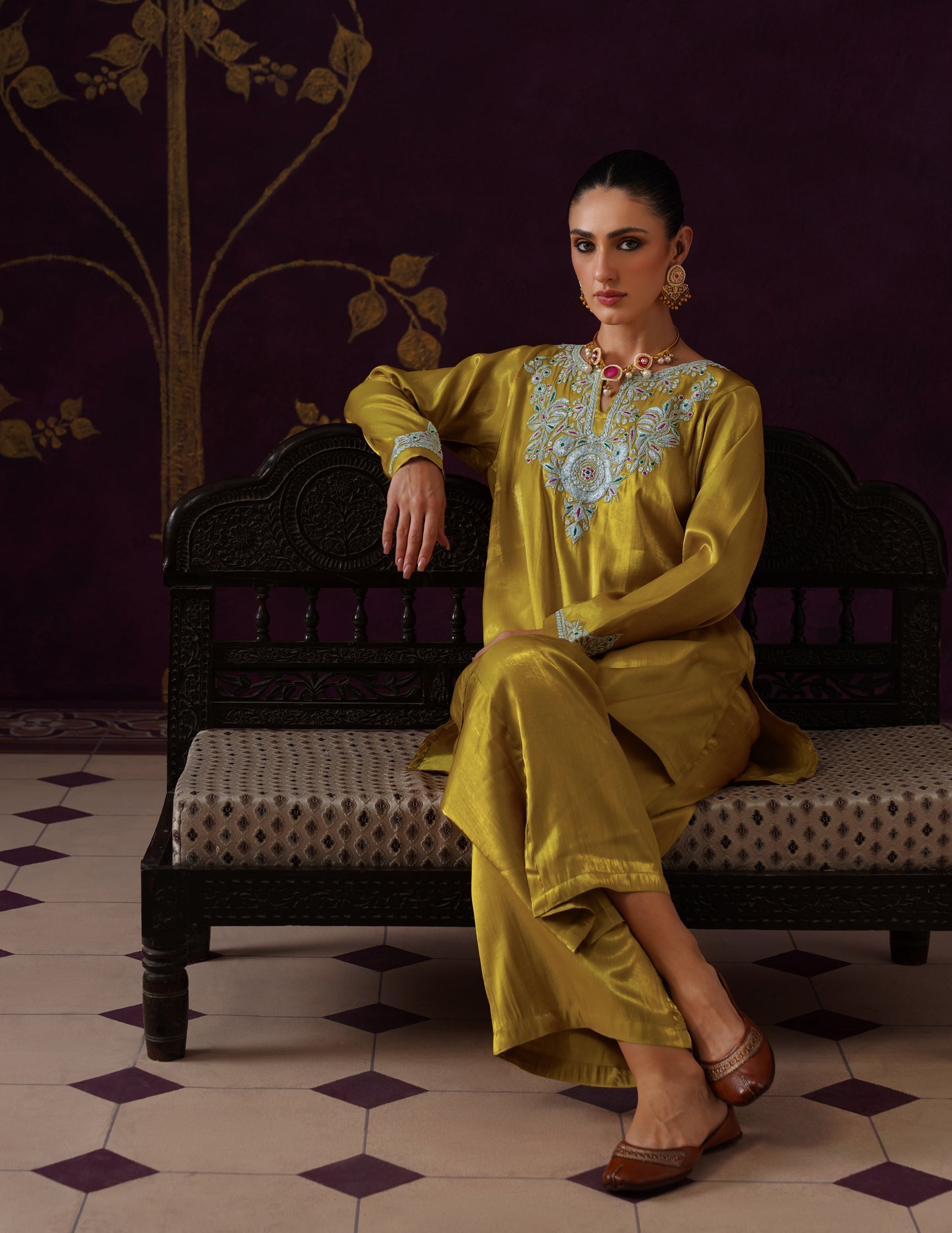 Kashmiri Tilla & Thread Embroidered Silk Co-ord Set – Mustard Yellow
