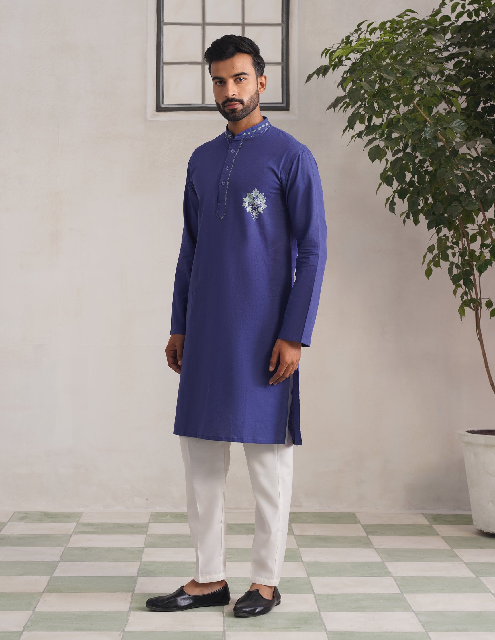 Kashmiri Sozni Chinar Motif Embroidered Linen Cotton Long Kurta – Blue | Handcrafted Heritage - Kashmir Box