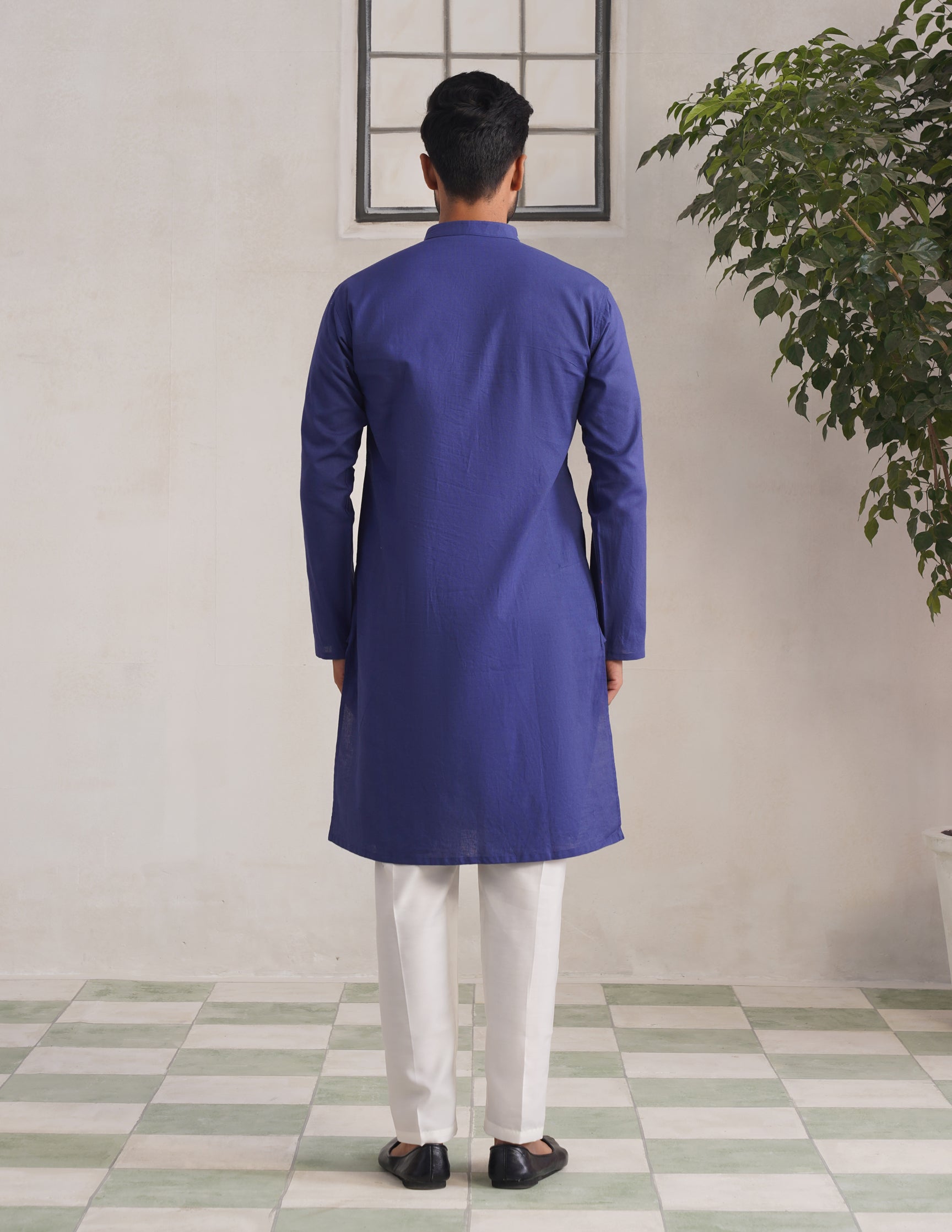 Kashmiri Sozni Chinar Motif Embroidered Linen Cotton Long Kurta – Blue | Handcrafted Heritage - Kashmir Box