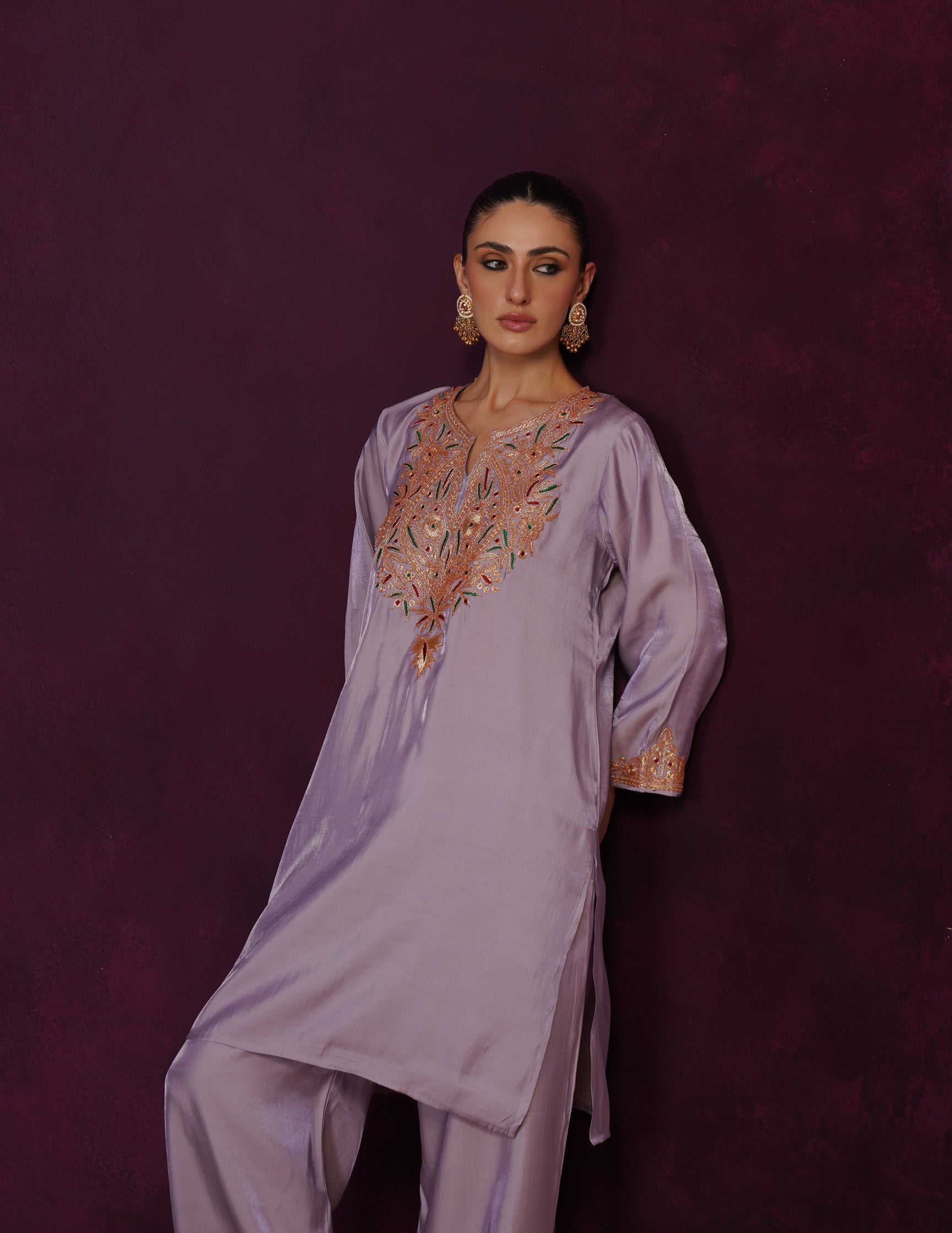 Kashmiri Tilla & Thread Embroidered Silk Co-ord Set – Dusty Lavender