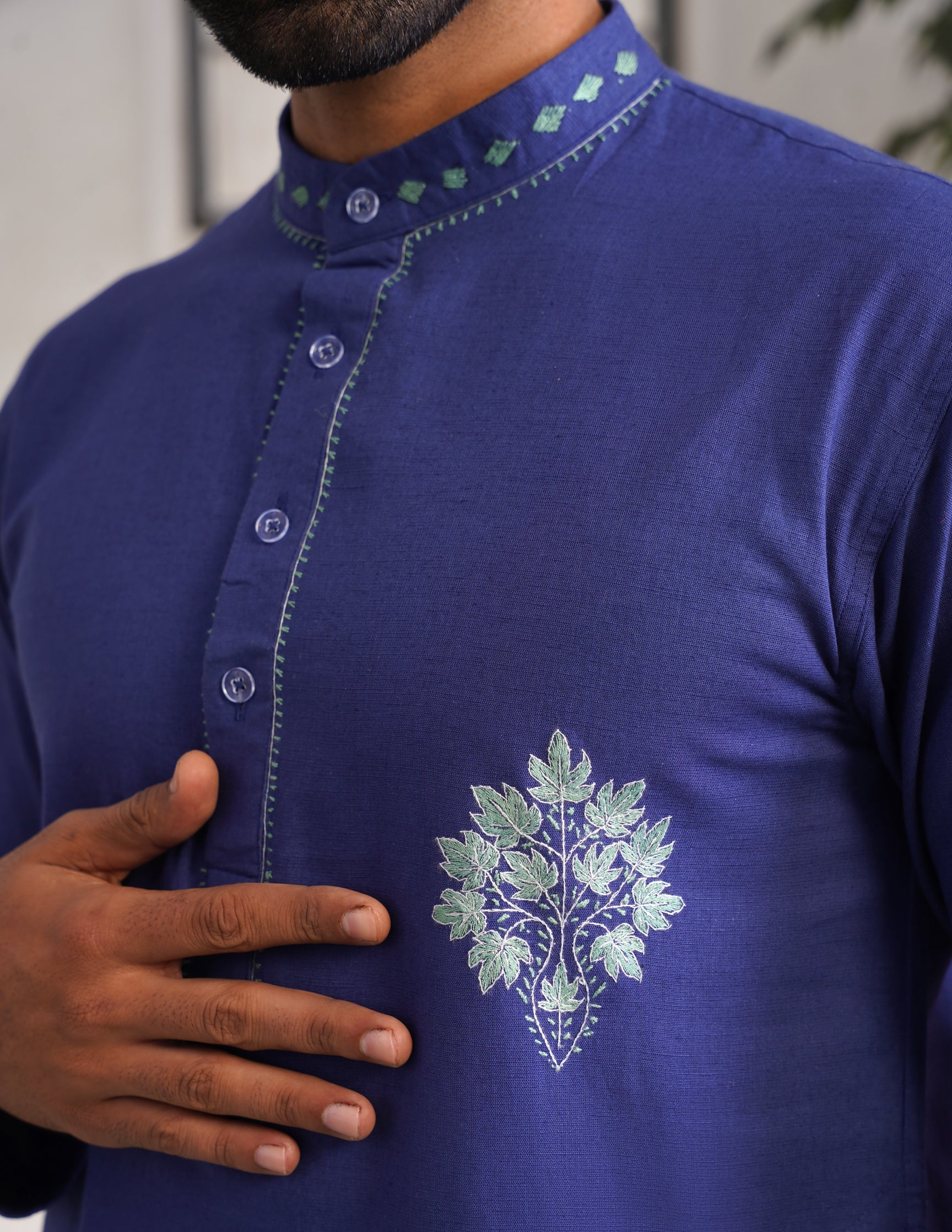 Kashmiri Sozni Chinar Motif Embroidered Linen Cotton Long Kurta – Blue | Handcrafted Heritage - Kashmir Box