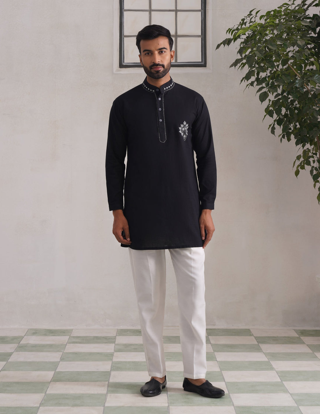 Kashmiri Sozni Chinar Linen Cotton Short Kurta – Black | Handcrafted Heritage - Kashmir Box