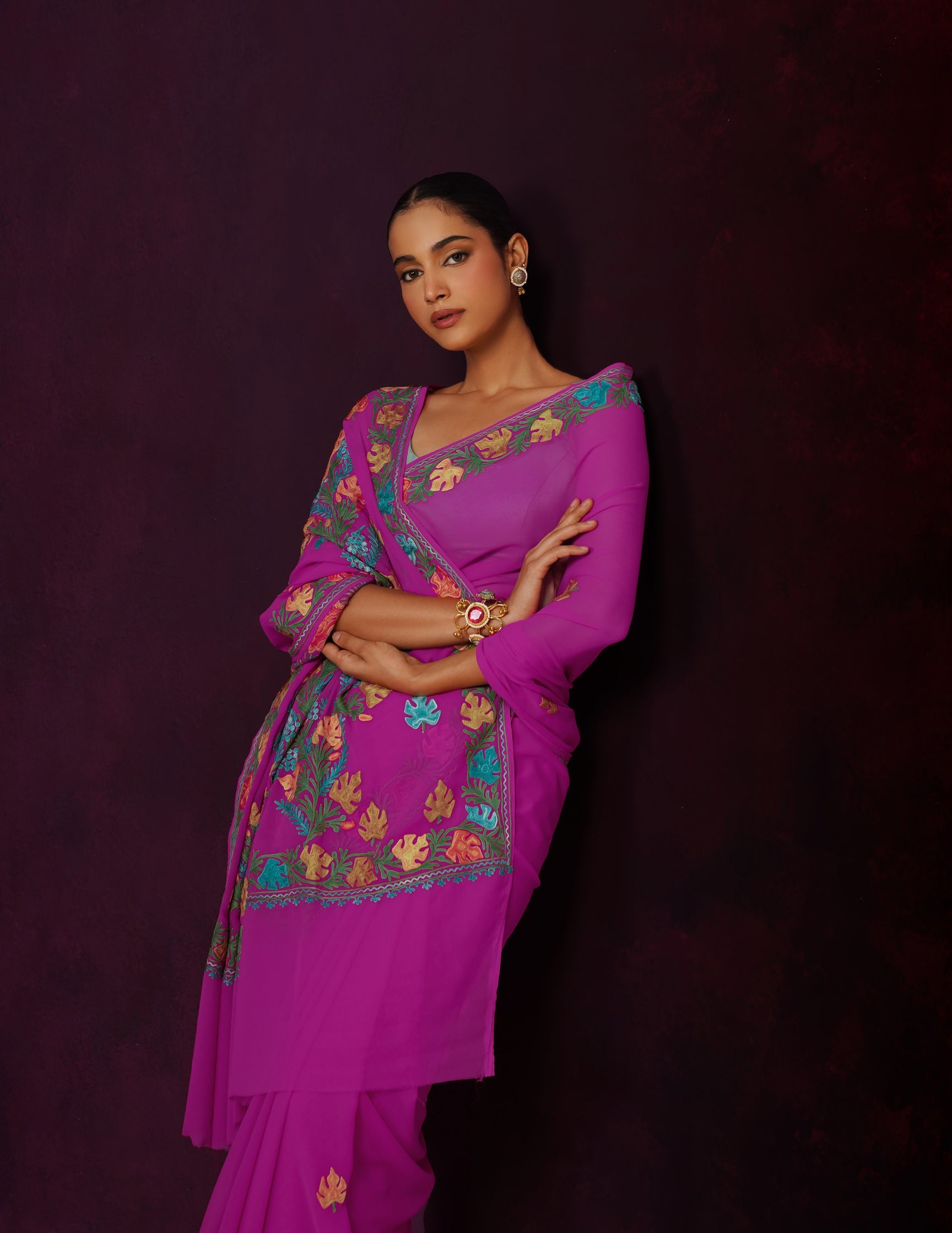 Kashmiri Aari Embroidered Georgette Saree – Hot Magenta