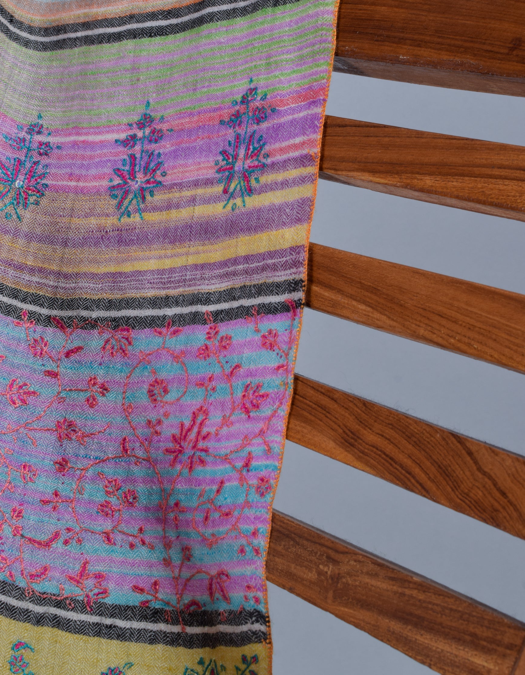 Modern Multicolour Stripes Handwoven Floral Sozni Embroidered Cashmere Pashmina Stole - Kashmir Box