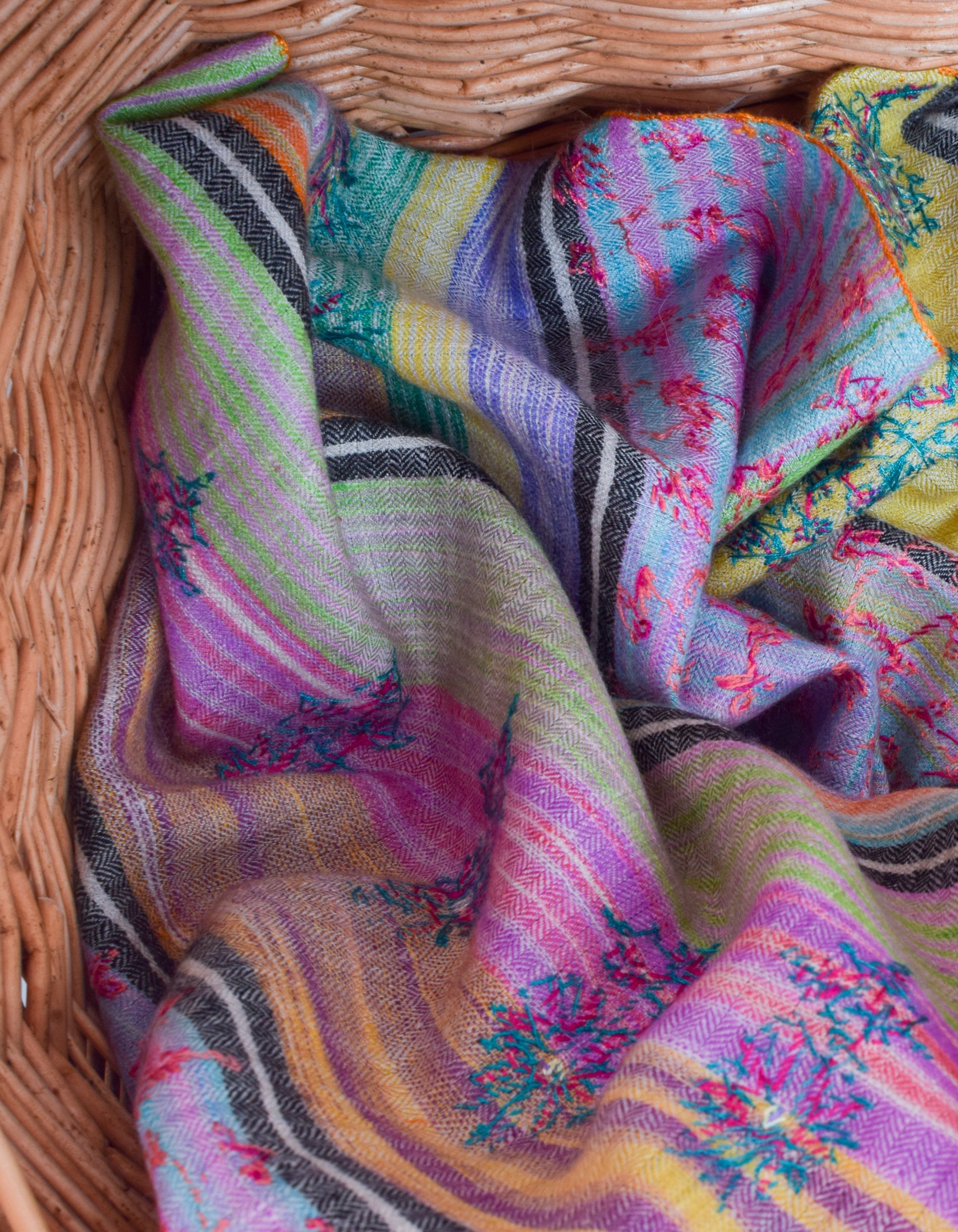 Modern Multicolour Stripes Handwoven Floral Sozni Embroidered Cashmere Pashmina Stole - Kashmir Box