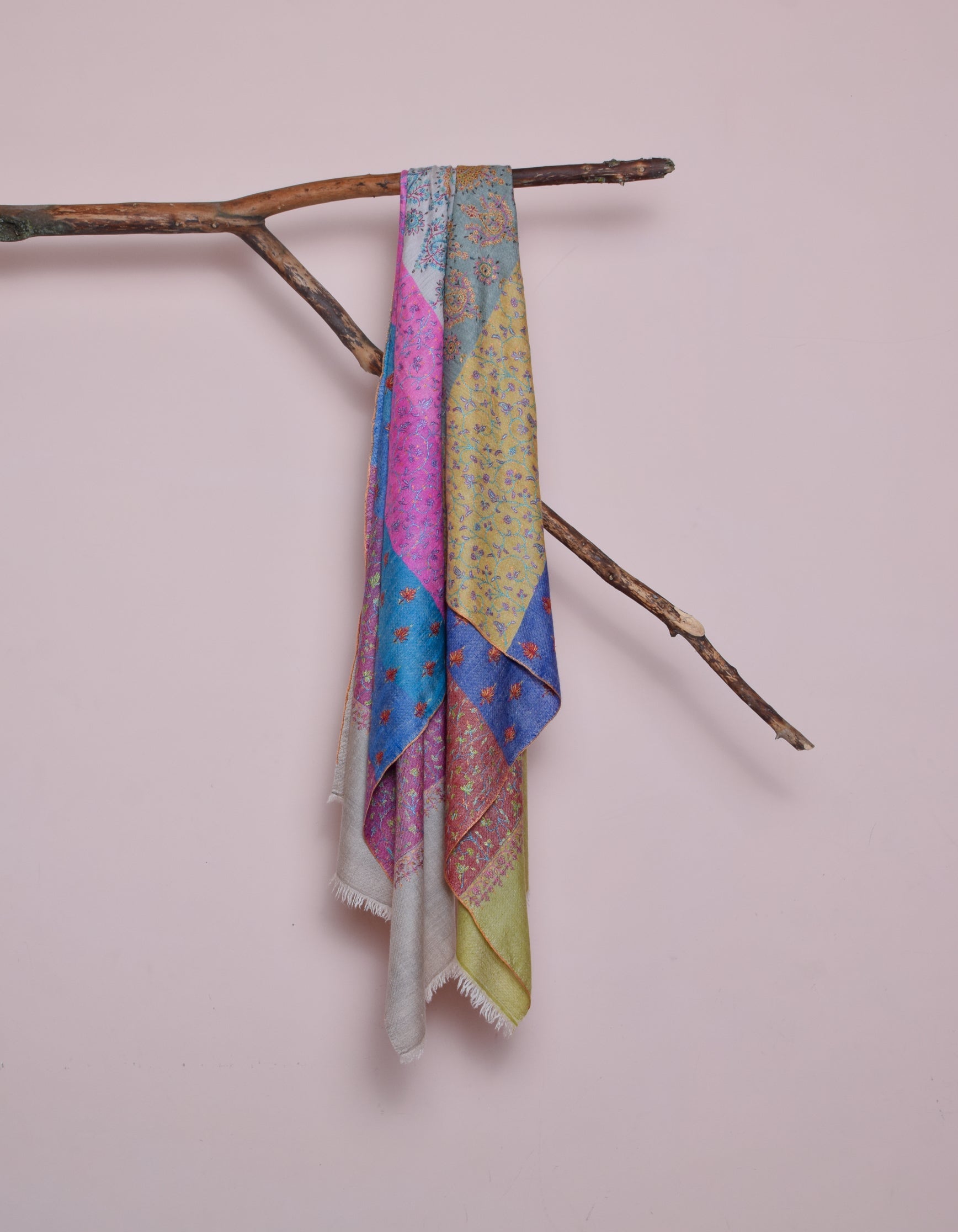 Modern Stripes Handwoven Multicolour Sozni Embroidered Cashmere Pashmina Stole - Kashmir Box