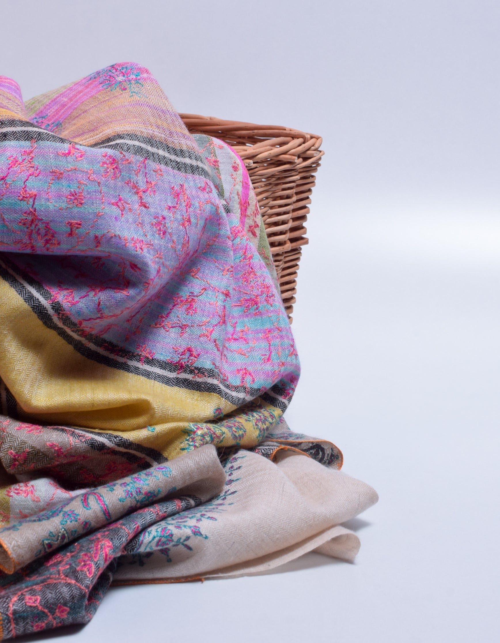 Modern Multicolour Stripes Handwoven Floral Sozni Embroidered Cashmere Pashmina Stole - Kashmir Box