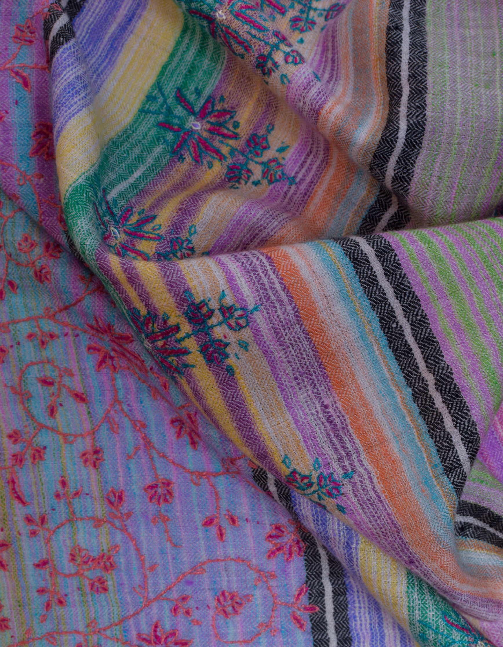Modern Multicolour Stripes Handwoven Floral Sozni Embroidered Cashmere Pashmina Stole - Kashmir Box