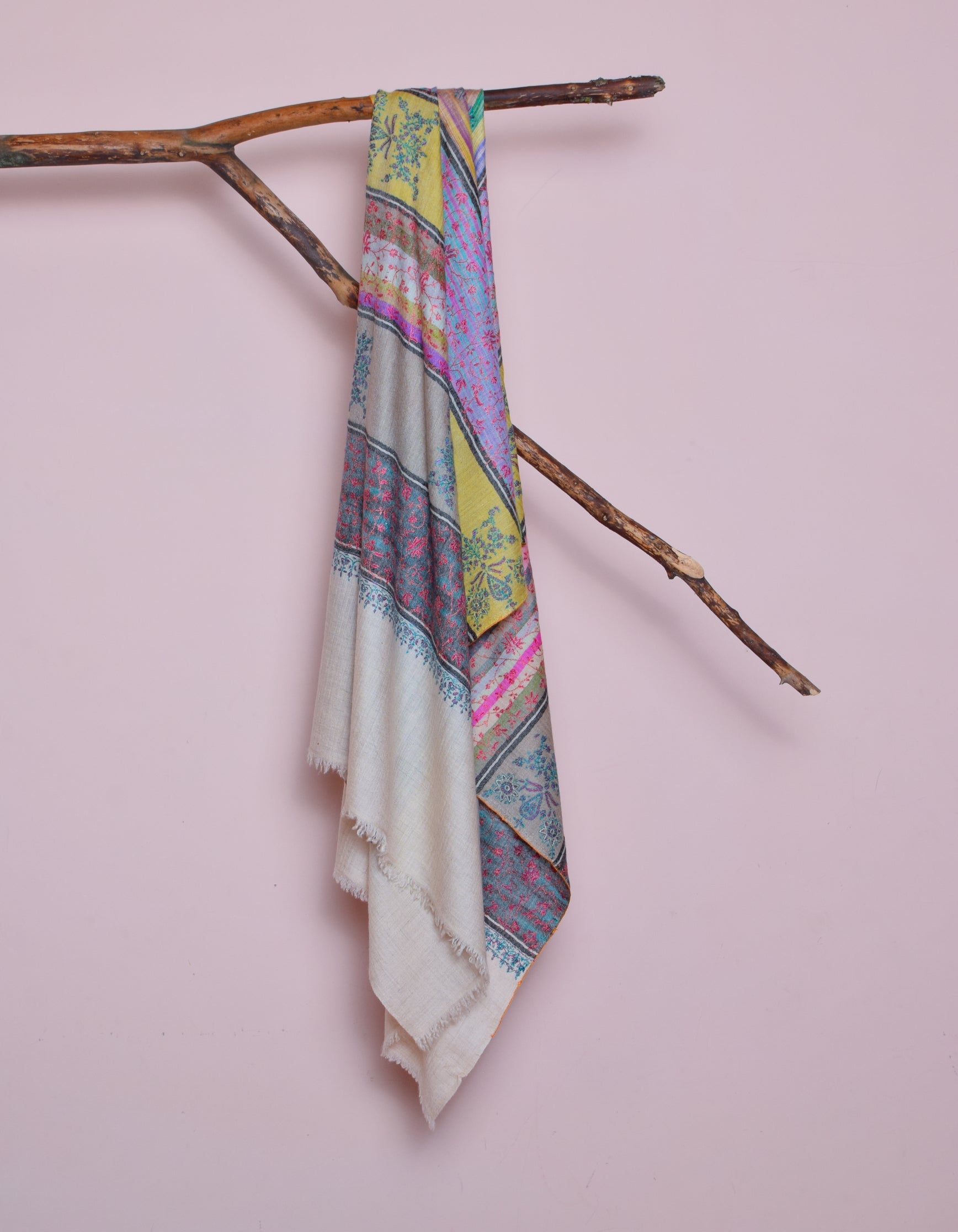 Modern Multicolour Stripes Handwoven Floral Sozni Embroidered Cashmere Pashmina Stole - Kashmir Box